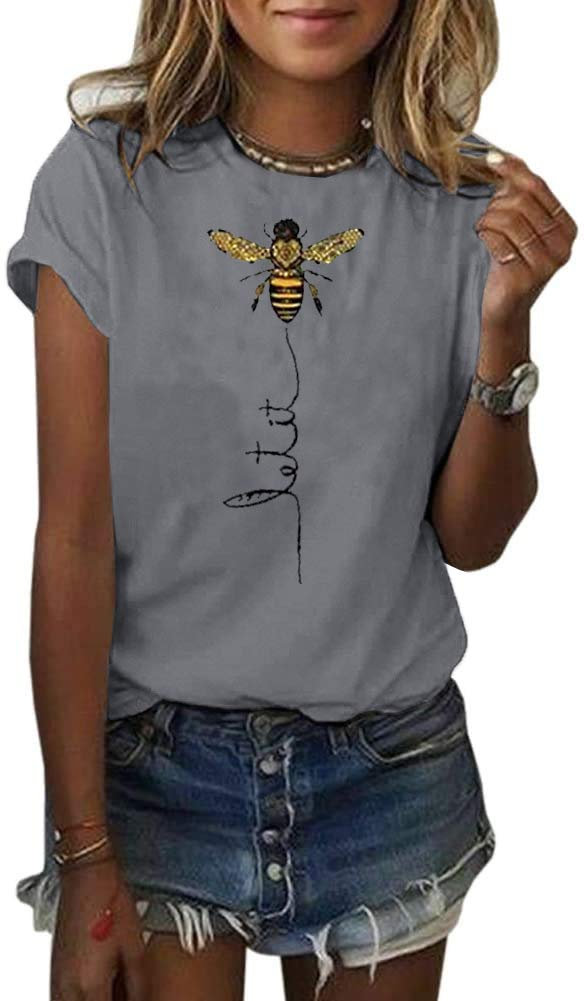 Pfvkeree Women's Cute Bee Graphic T-Shirt - Short Sleeve Funny 'Let It Bee' Letter Print Summer Top | Casual Wear, Street Fashion, Gift Idea