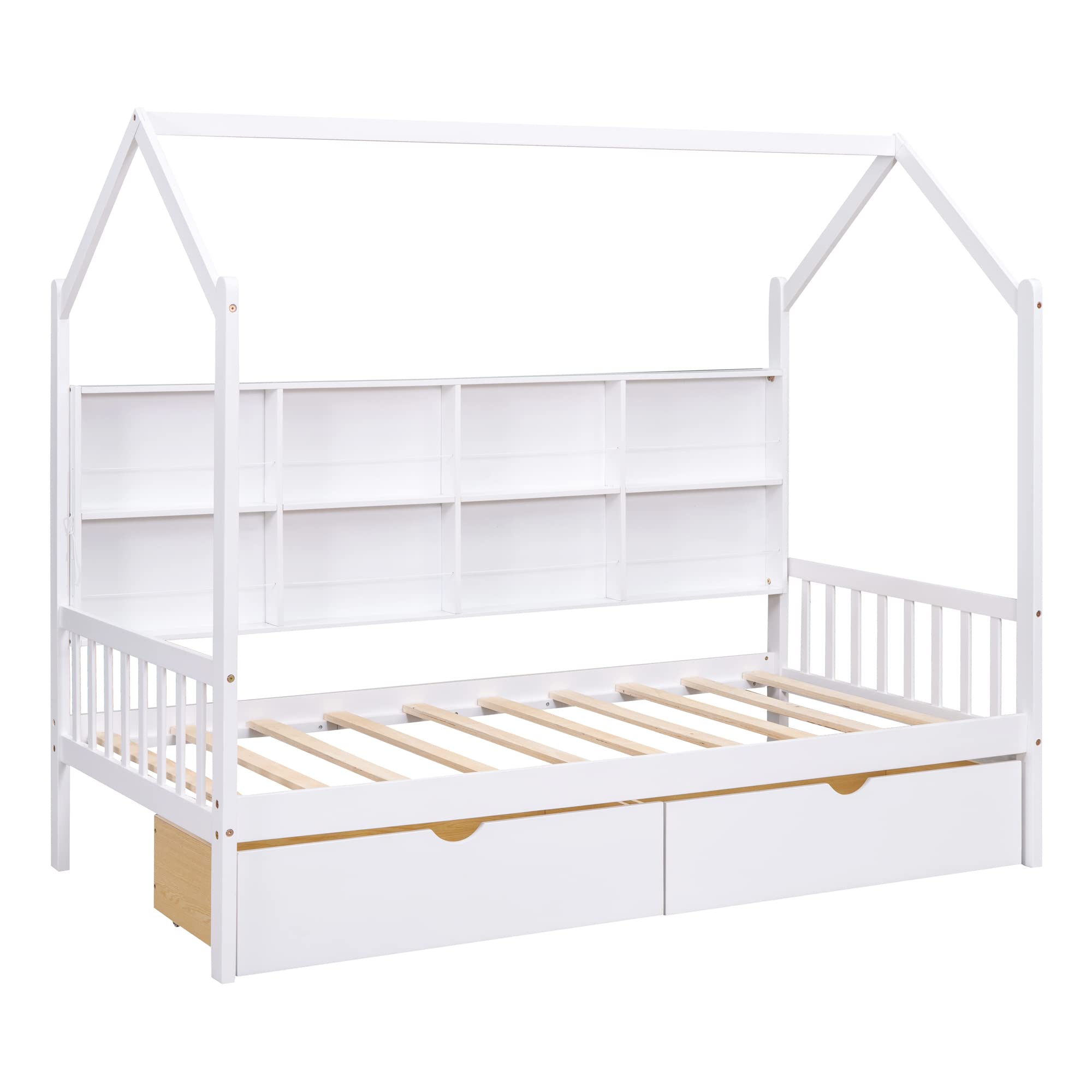 Merax Twin Size Wooden House Bed with 2 Drawers & Storage Shelf - Roof Design Kids Bed Frame for Boys & Girls - White | Perfect for Small Bedrooms, Playrooms & Cozy Kids' Spaces