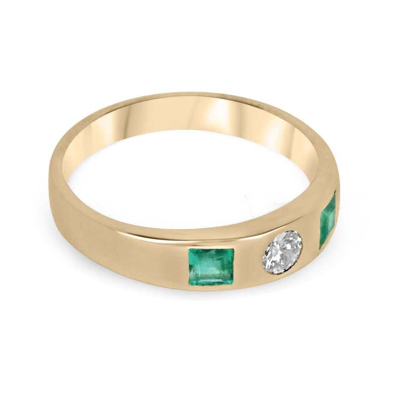 0.60tcw 14K Gold Natural Vivid Green Princess Cut Diamond & Emerald 3 Stone Wedding Band Ring for Engagement, Anniversary, and Special Occasions