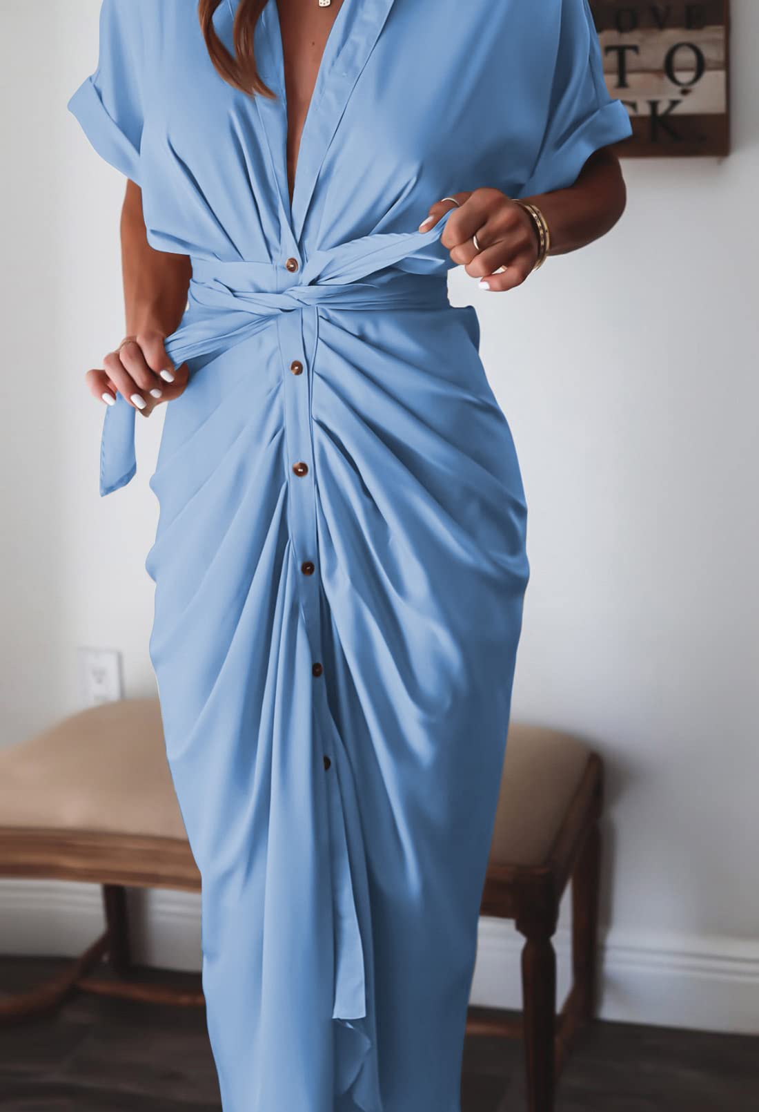 Elegant Women's Satin Button Down Short Sleeve Maxi Shirt Dress with Belt - Perfect for Summer Outings, Beach Cover-ups & Casual Office Wear