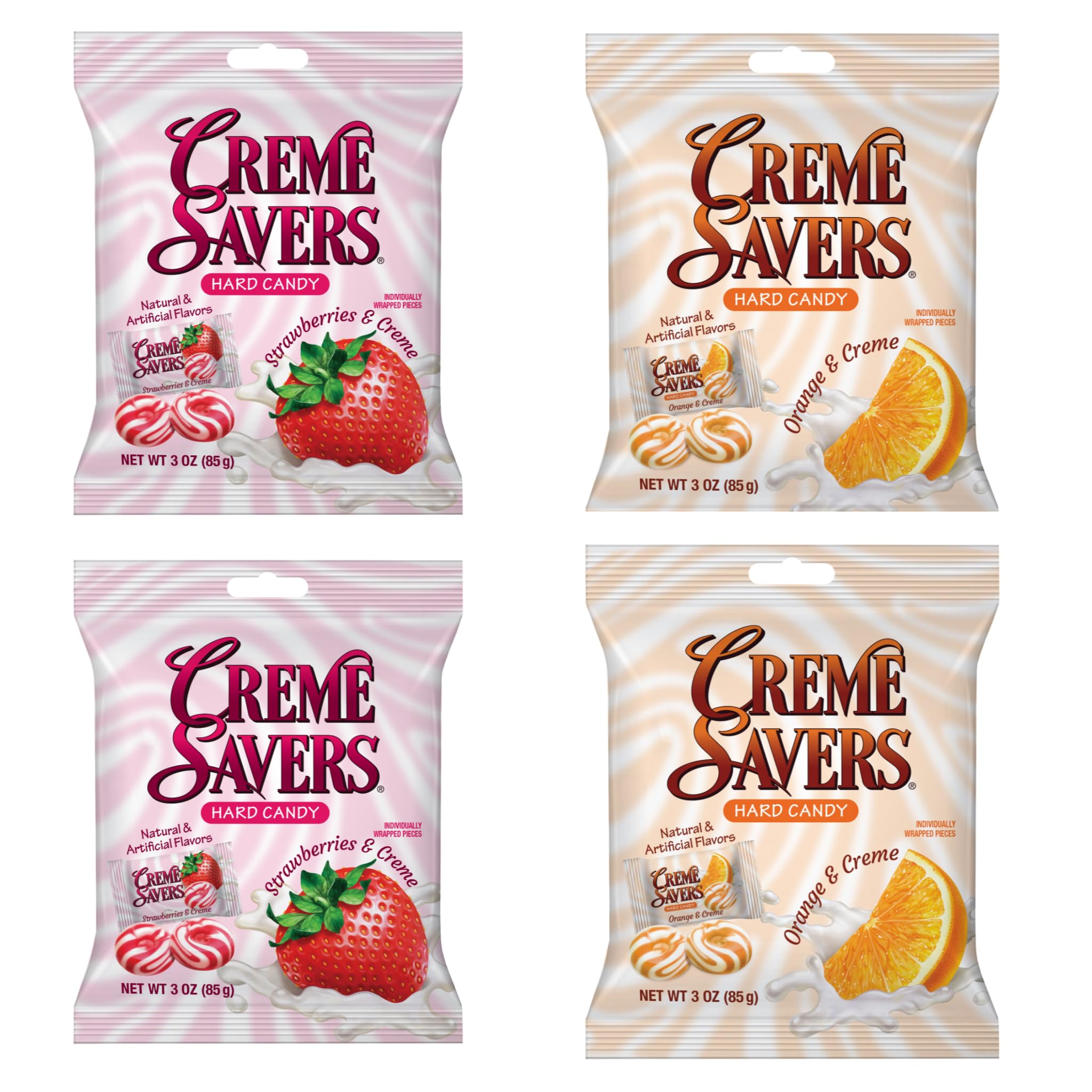 Creme Savers Hard Candy - Strawberry & Creme and Orange & Creme Flavor | 3oz Pack of 4 (2 Strawberry + 2 Orange) | Classic Cream-Filled Candy with Real Fruit Taste | Perfect for Office Snacks, Party Favors and Gift Baskets