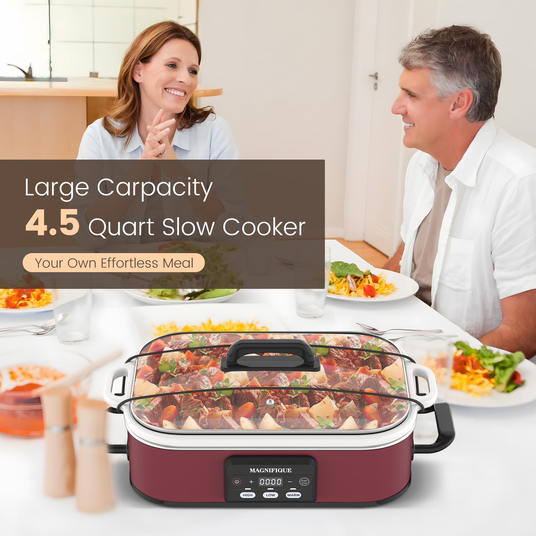 4 Quart Programmable Slow Cooker with Ceramic Pot - Digital Crock Pot for Family Dinners, Oven Safe Casserole Dish for Lasagna, Roasts & Stews | Perfect for Meal Prep, Potlucks & Holiday Cooking (Red)
