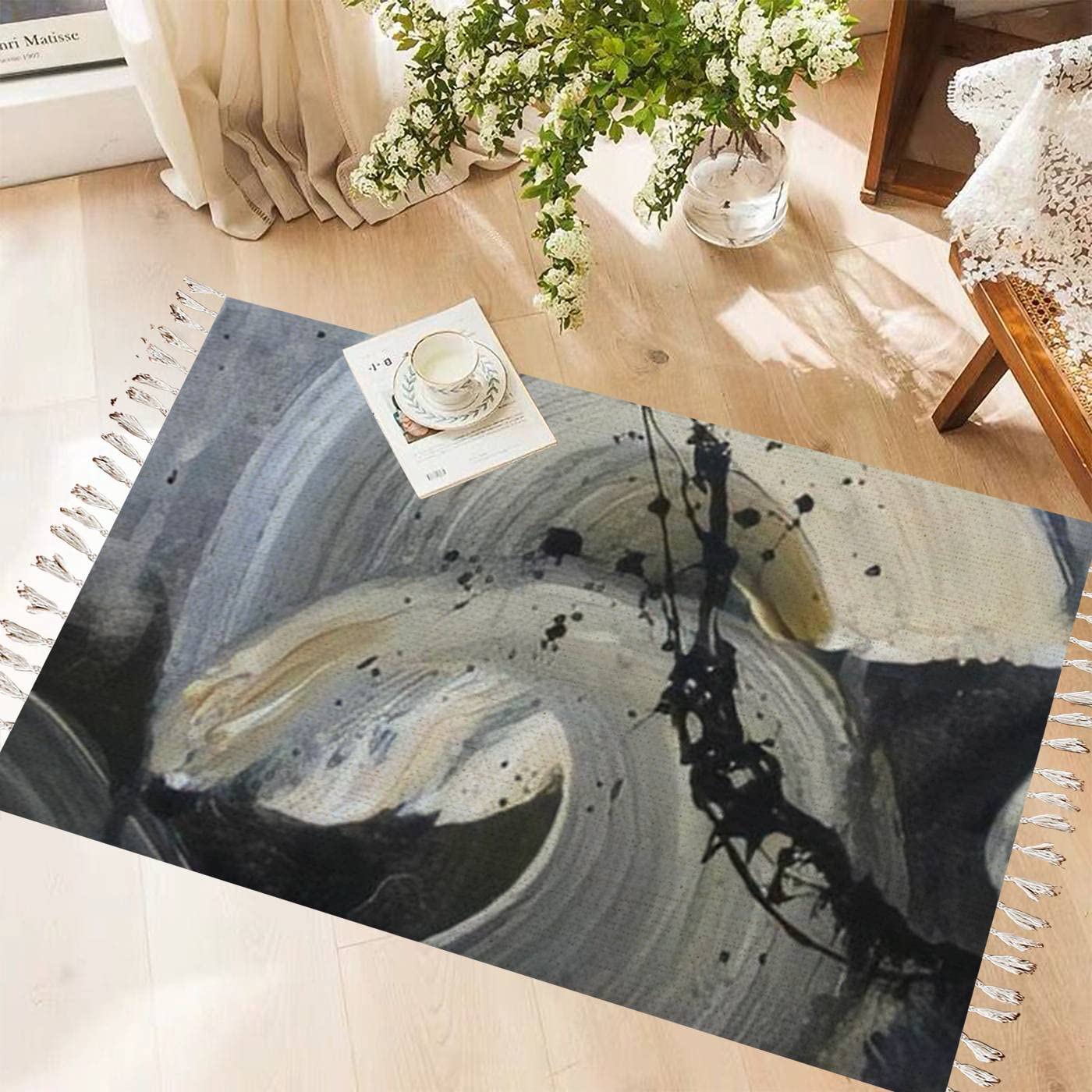 Boho Abstract Painting Area Rug with Black Fringe - Washable Shag Carpet with Tassels for Nursery, Playroom, Living Room & Classroom - Perfect for Boys & Girls Bedroom Decor | Home Decor, Bohemian Style Floor Mat, Cozy Kids Room Accent Rug