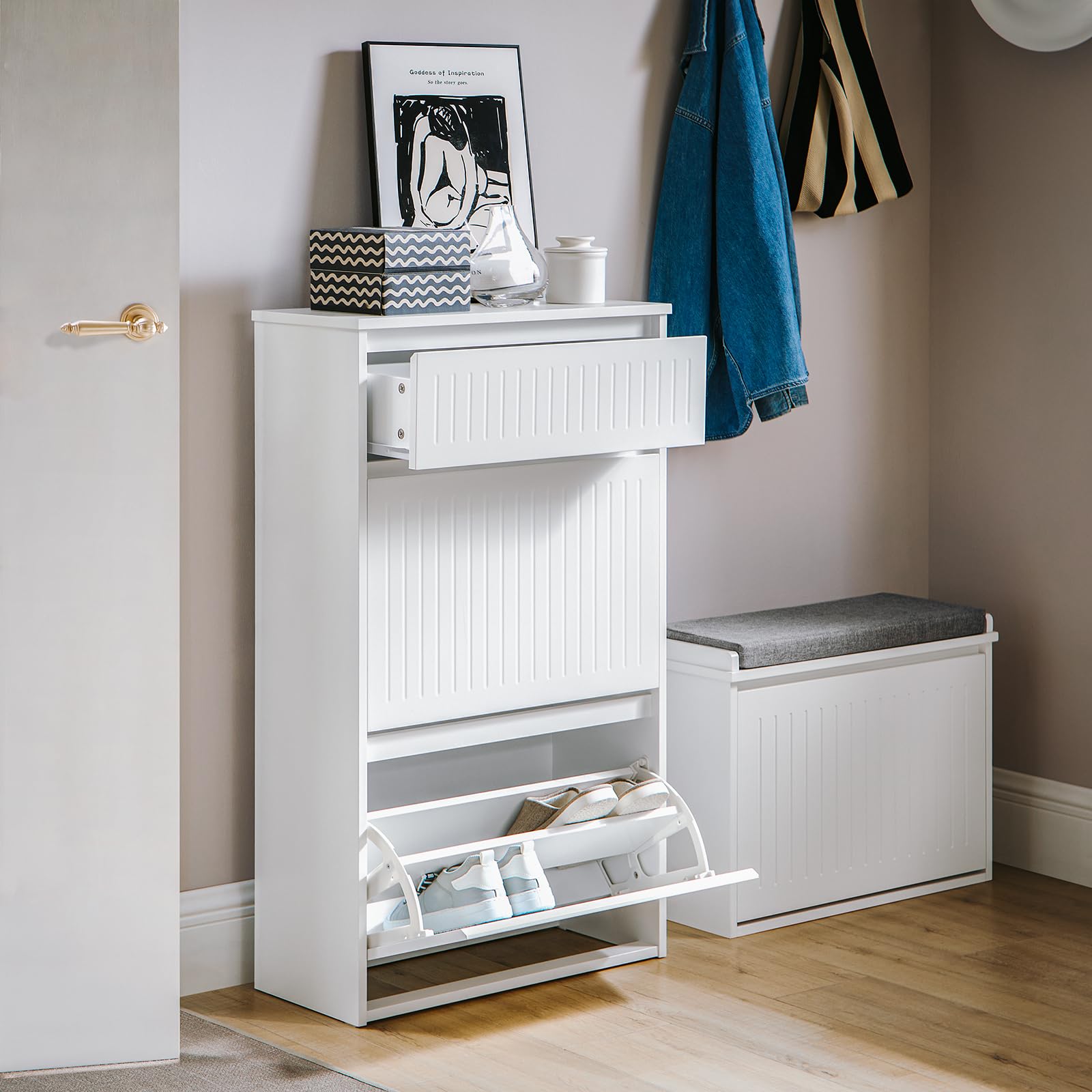 Haotian Freestanding Shoe Storage Cabinet - White Entryway Shoe Organizer with Narrow Design for Hallway | Perfect for Small Spaces, Closet Organization & Entryway Decor (Model FSR165-W)