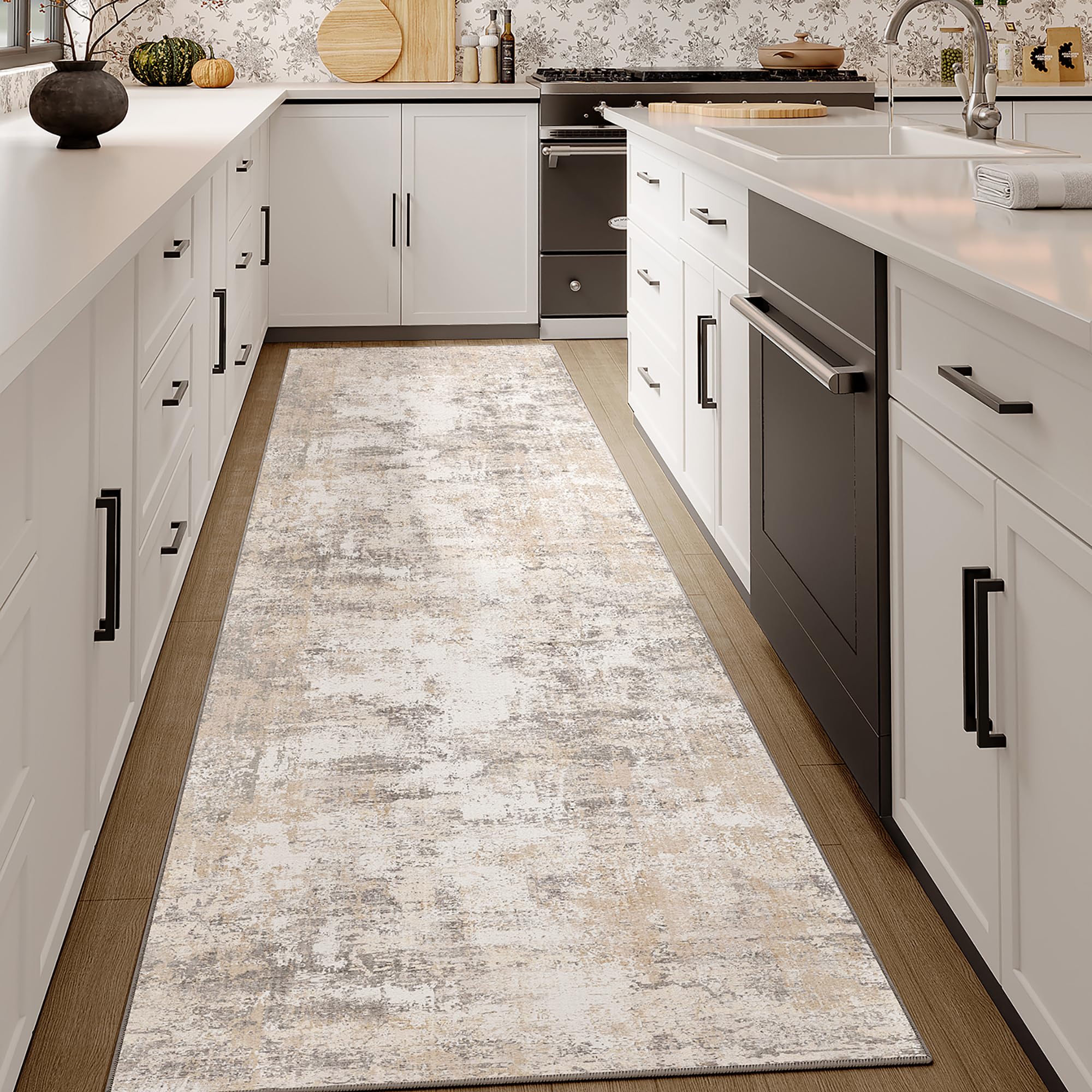 2x6 Washable Runner Rug - Beige & Grey Abstract Non-Slip Low Pile Indoor Carpet for Hallway, Kitchen, Living Room, Bedroom | Soft & Durable for High Traffic Areas Like Entrance, Laundry & Bathroom