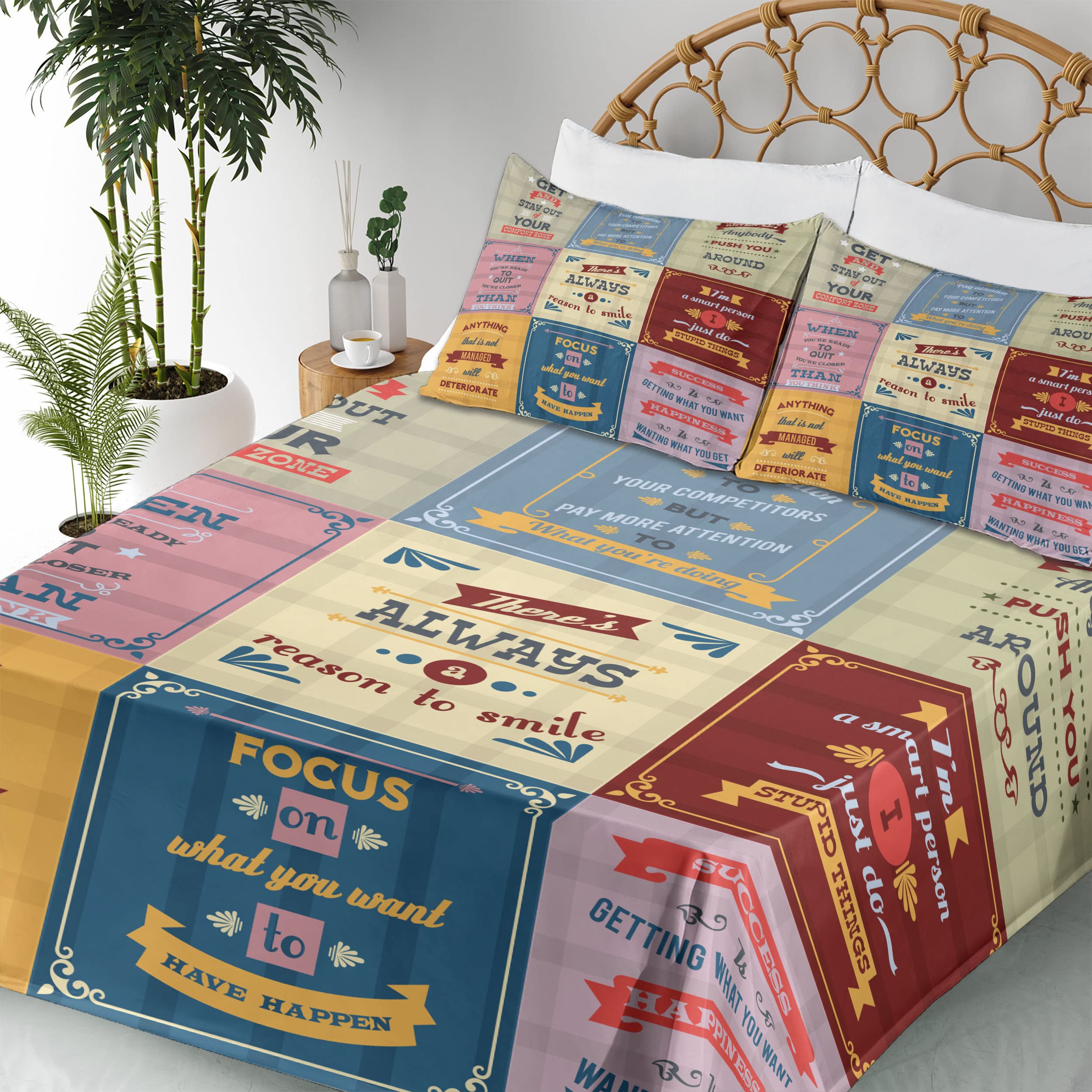 Ambesonne Motivational Words Sheet Set - 'Success with Positive Attitude' Themed 4-Piece Bedding Set (King Size) in Yellow & Pink | Perfect for Home Decor, Guest Rooms & Positive Vibes Bedroom