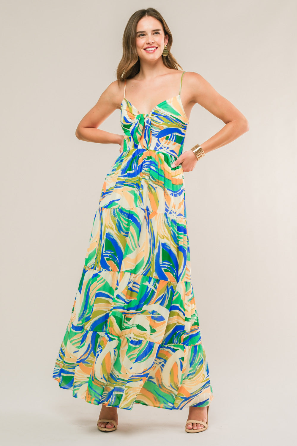 Florida Dreams Tie Front Maxi Dress in Blue Green - Perfect for Beach Vacations & Summer Outings