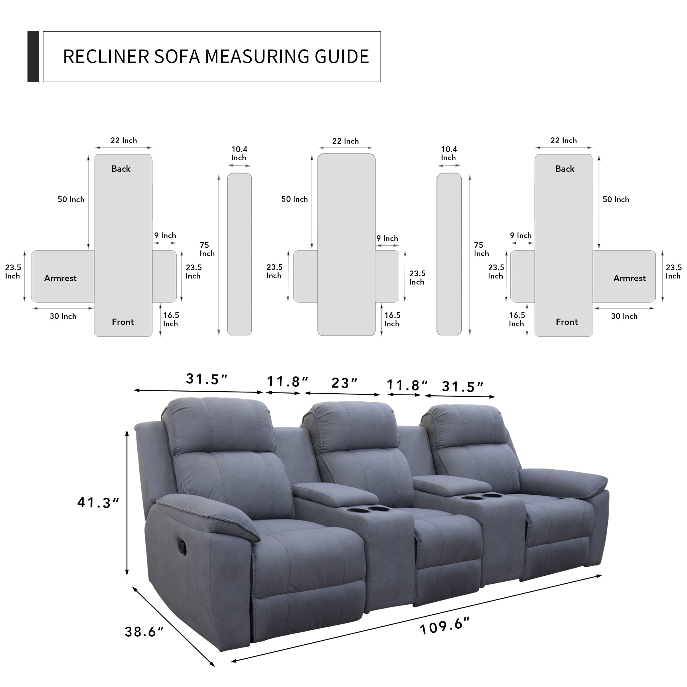 Reversible 3-Seater Recliner Sofa Cover with Console - Split Design for Individual Seats, Elastic Straps for Secure Fit - Navy/Ivory - Perfect for Living Room, Kids, Dogs & Pets - Protect Furniture from Stains & Wear