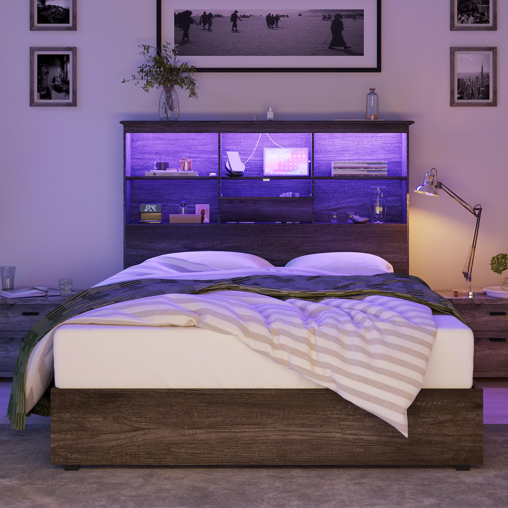 AMERLIFE Queen Size Wooden Platform Bed Frame with LED Storage Headboard, 4 Drawers & USB Charging Station - No Box Spring Needed, Noise Free, Rustic Grey - Perfect for Small Bedrooms, Guest Rooms & Modern Farmhouse Decor