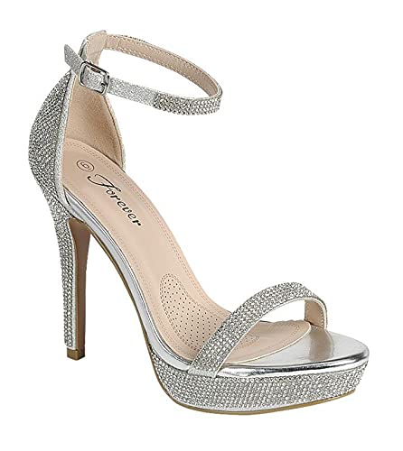 Forever Link Women's Open Toe Rhinestone Stiletto Heels - Silver Size 10 | Ankle Strap Sandals for Parties, Weddings & Evening Events