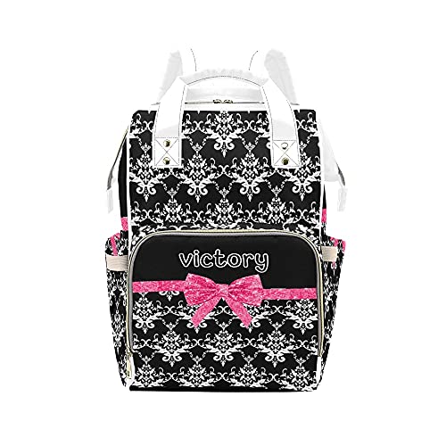 Personalized Diaper Backpack for Moms - Custom Name Black, White & Pink Bow Design - Nursing Baby Bag with Insulated Pockets - Perfect for Travel, Daycare & Everyday Use as Mom Gift