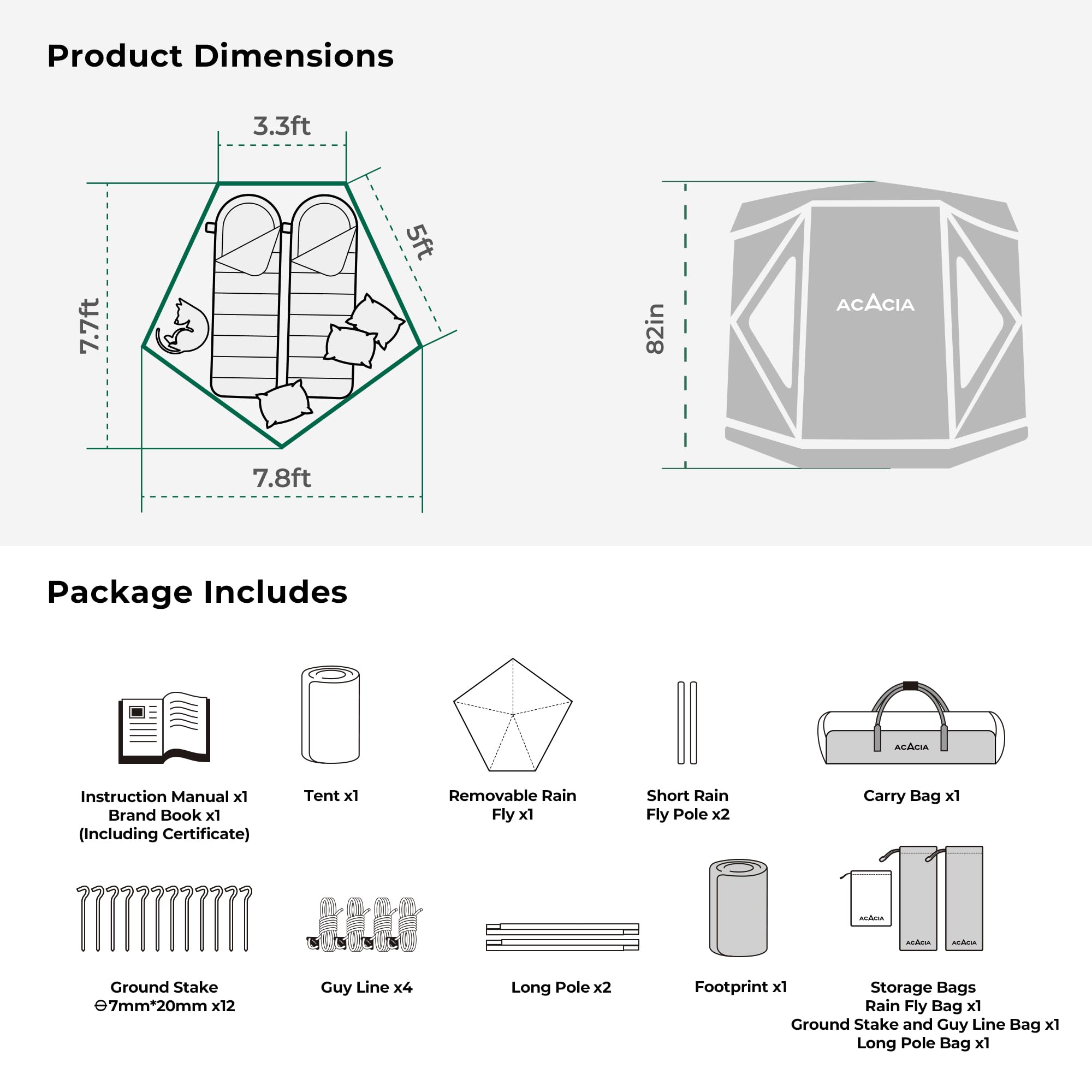 ACACIA 2-3 Person Pop Up Camping Tent with 8 Windows & Footprint - Waterproof Windproof Easy Setup Hub Tent for Family Camping, Hiking, Glamping - Perfect for Outdoor Adventures, Backpacking & Weekend Getaways