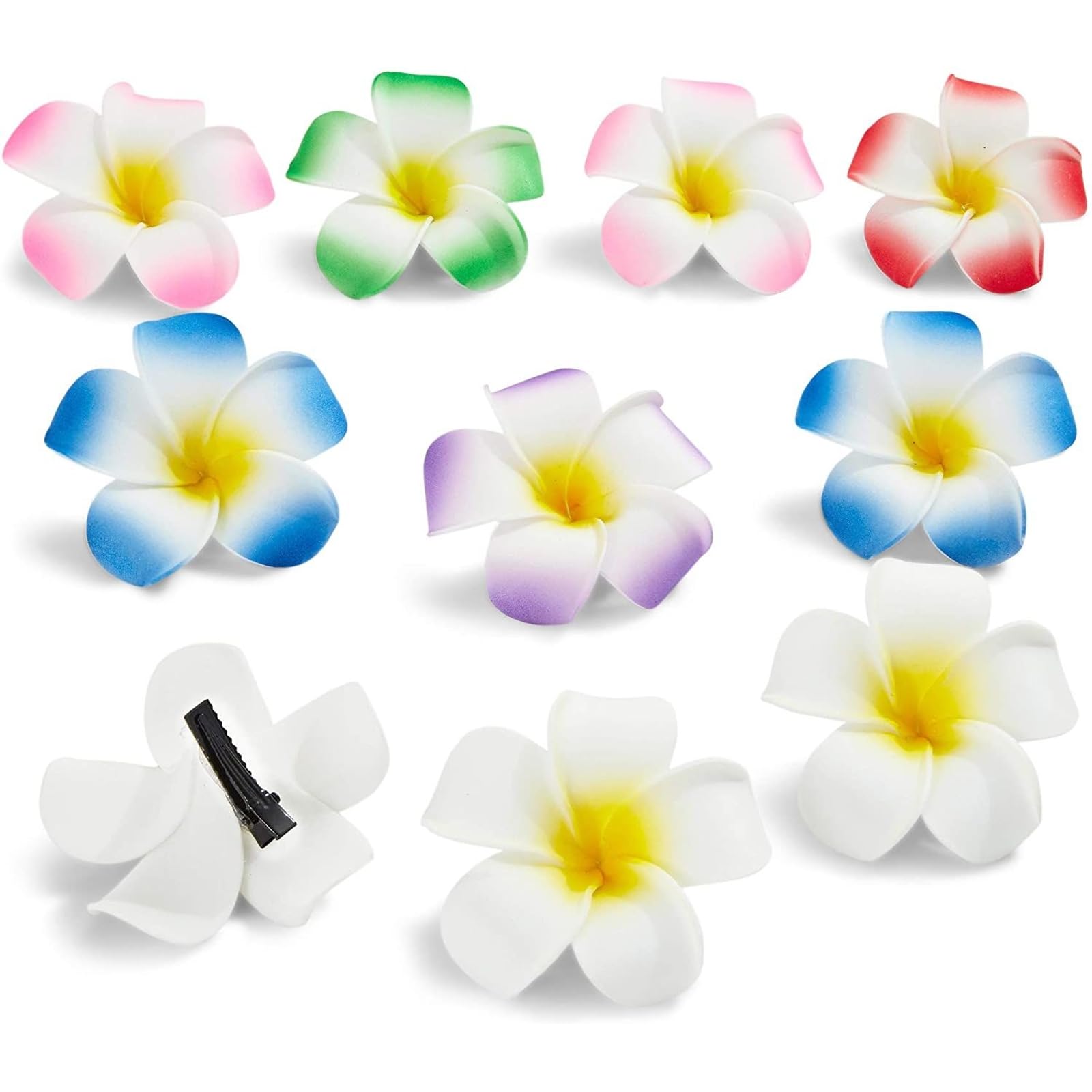 Hawaiian Luau Plumeria Flower Foam Hair Clips - 10 Pack Tropical Floral Hair Accessories for Women & Girls - Perfect for Beach Parties, Luau Events, Summer Vacations & Boho Styling