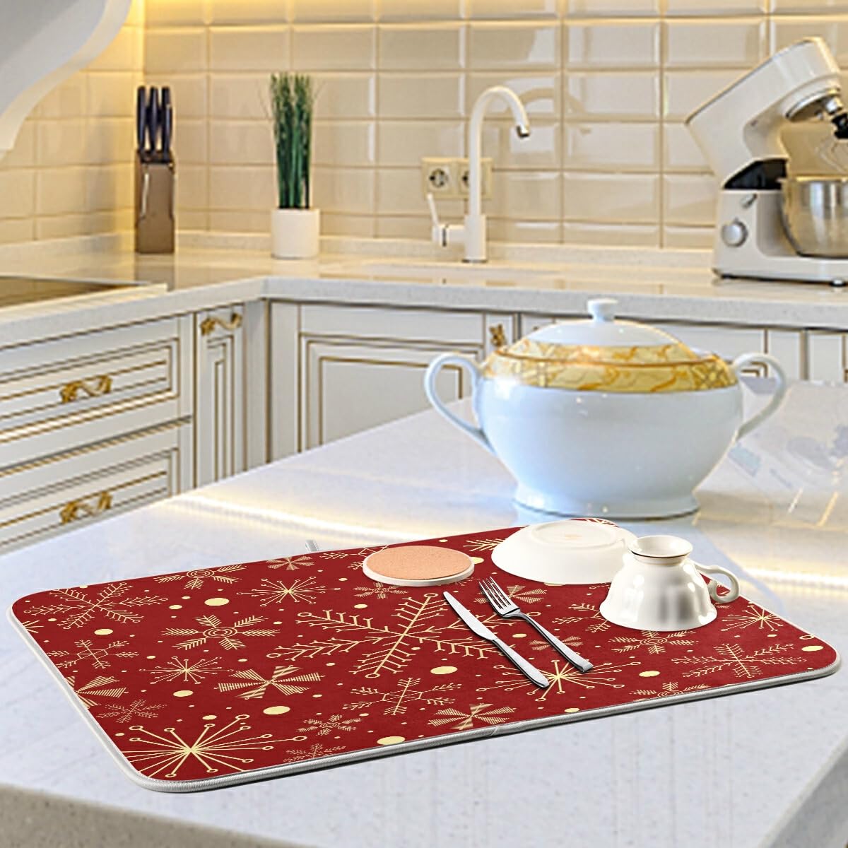 Christmas Snowflakes Dish Drying Mat - Absorbent 16x18