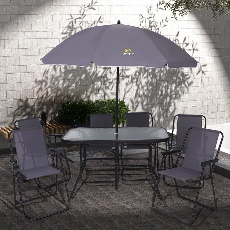Premium 8-Piece Outdoor Dining Set with Umbrella - Patio Furniture Set with Glass Table & 6 Folding Chairs (Grey) - Perfect for Garden, Backyard, Poolside & Outdoor Entertaining