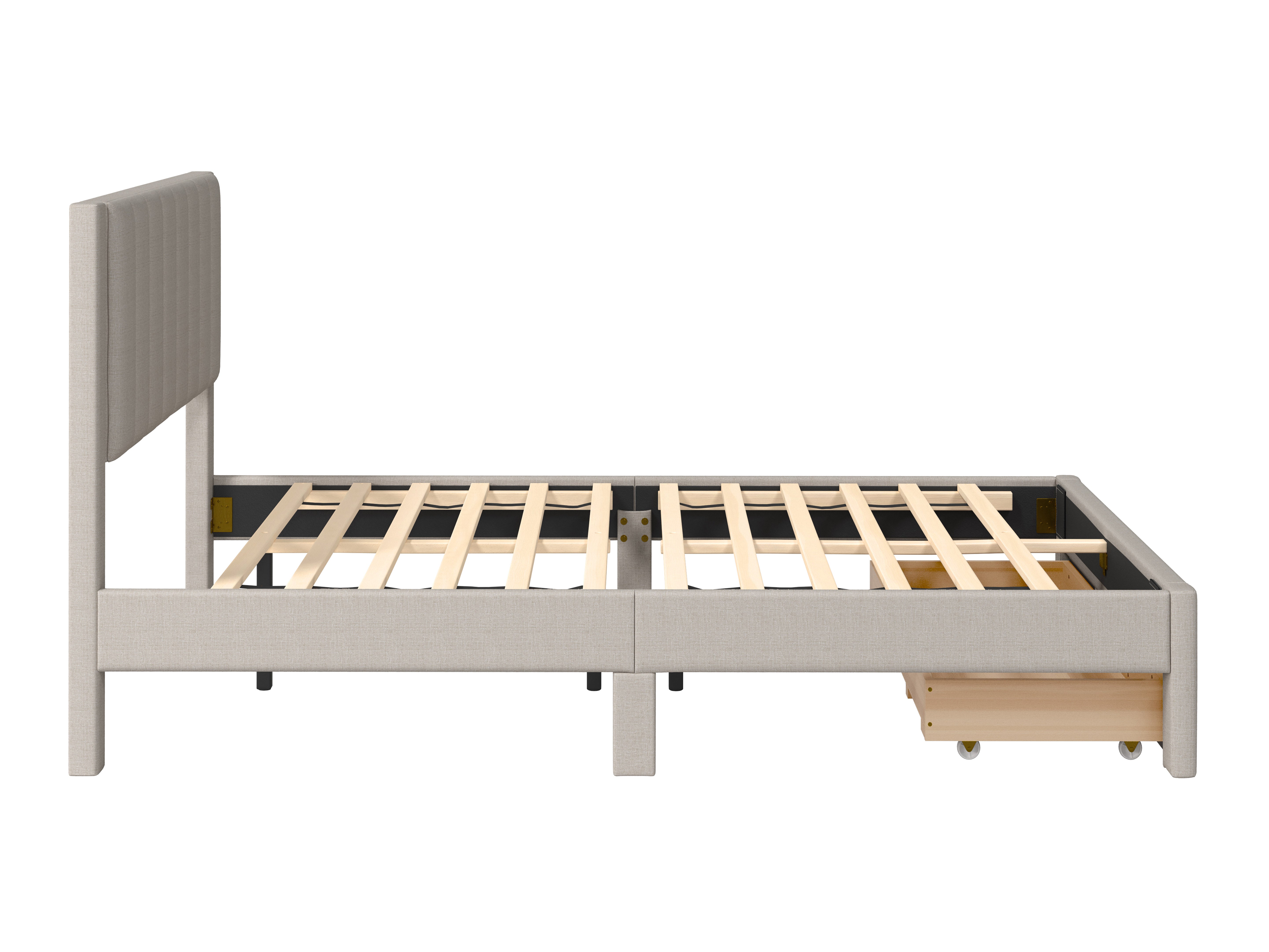 Channel Tufted Beige Double Bed with Storage - Modern Upholstered Platform Bed Frame with Underbed Storage Drawers, Perfect for Small Bedrooms & Guest Rooms