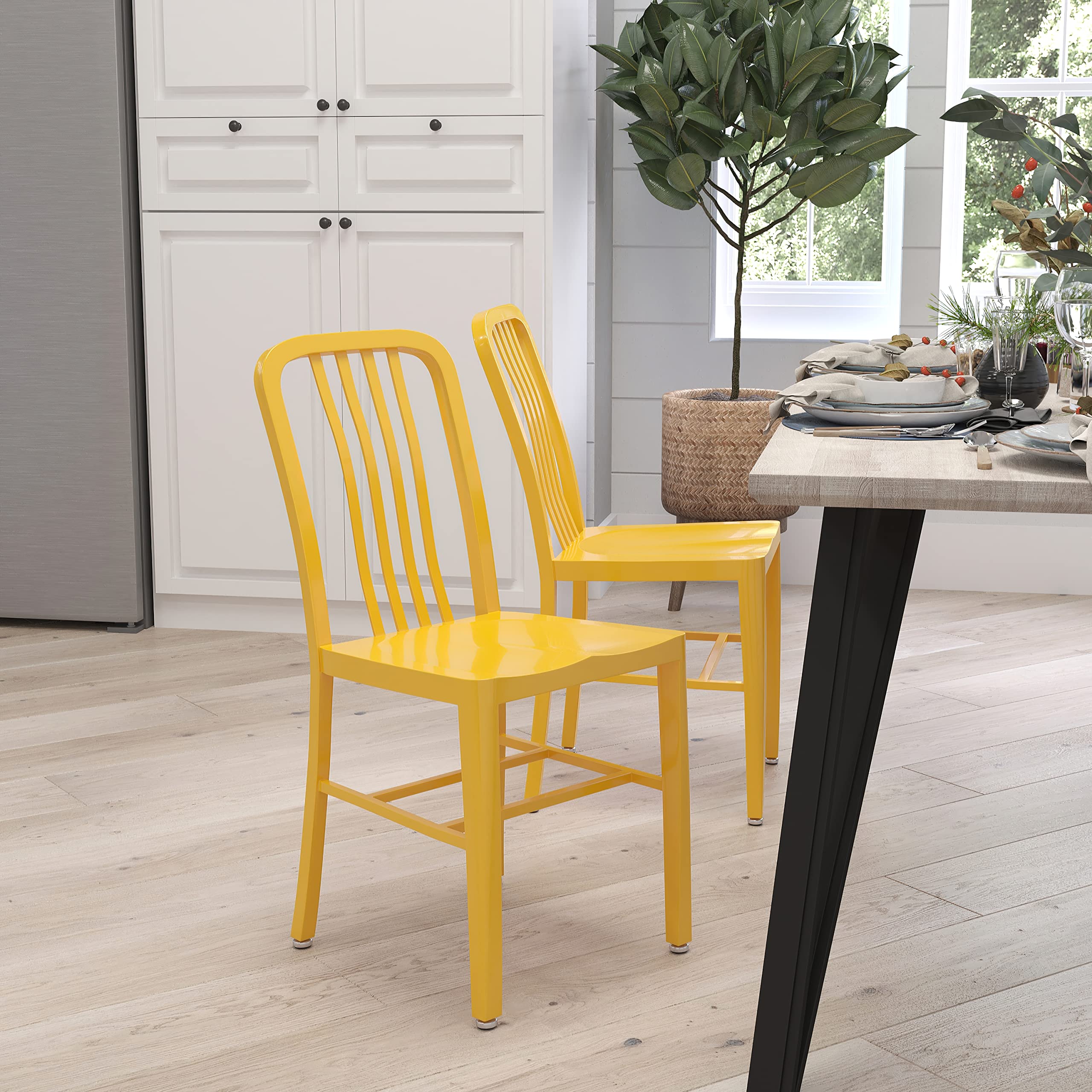 Merrick Lane Santorini Indoor Outdoor Dining Chair - Yellow Galvanized Steel Frame - 18 Inch Seat Height - Slatted Back Design - Perfect for Patio, Garden, and Dining Room Decor