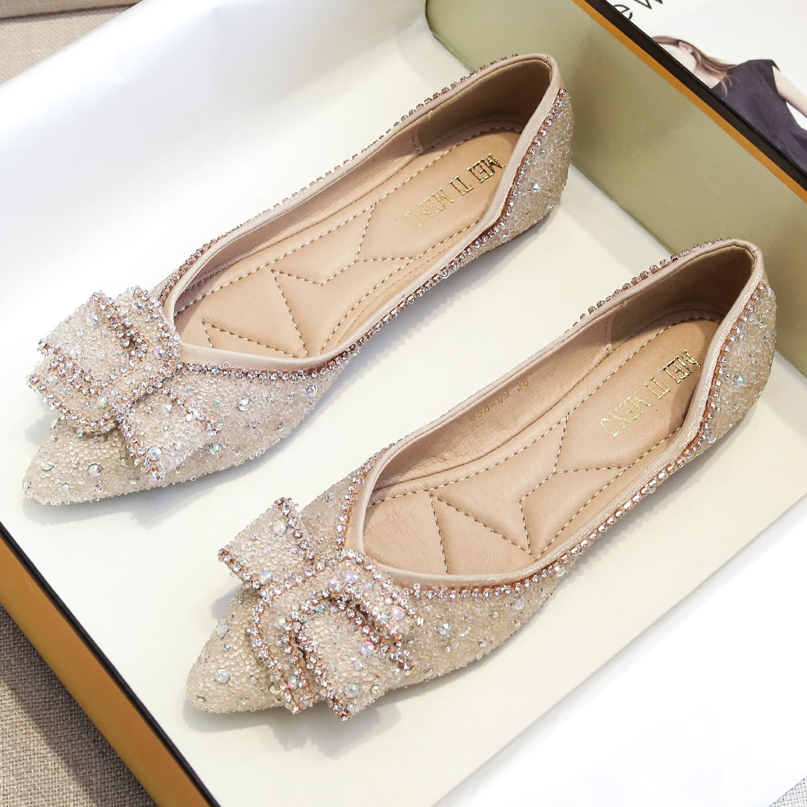 Sparkly Rhinestone Pointed Toe Flats for Women - Glitter Flower Wedding Shoes Comfortable Dress Pumps for Bridal Party, Prom & Evening Events
