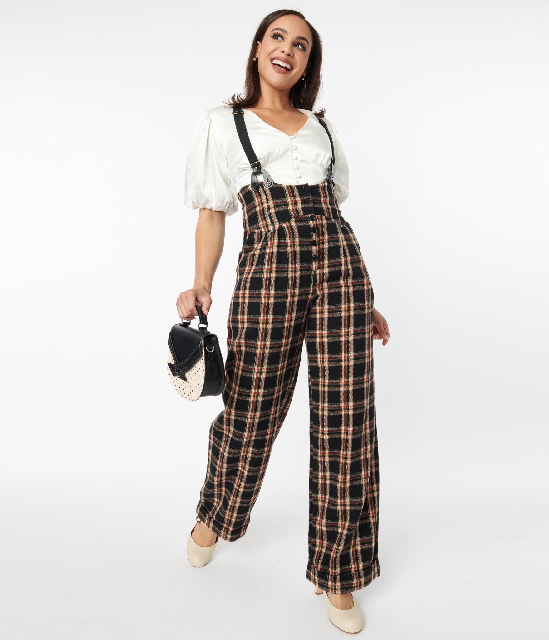 Vintage 1930s Thelma High Waist Suspender Pants - Black & Auburn Plaid Retro Style for Women | Perfect for Cosplay, Steampunk, and Vintage Fashion Outfits