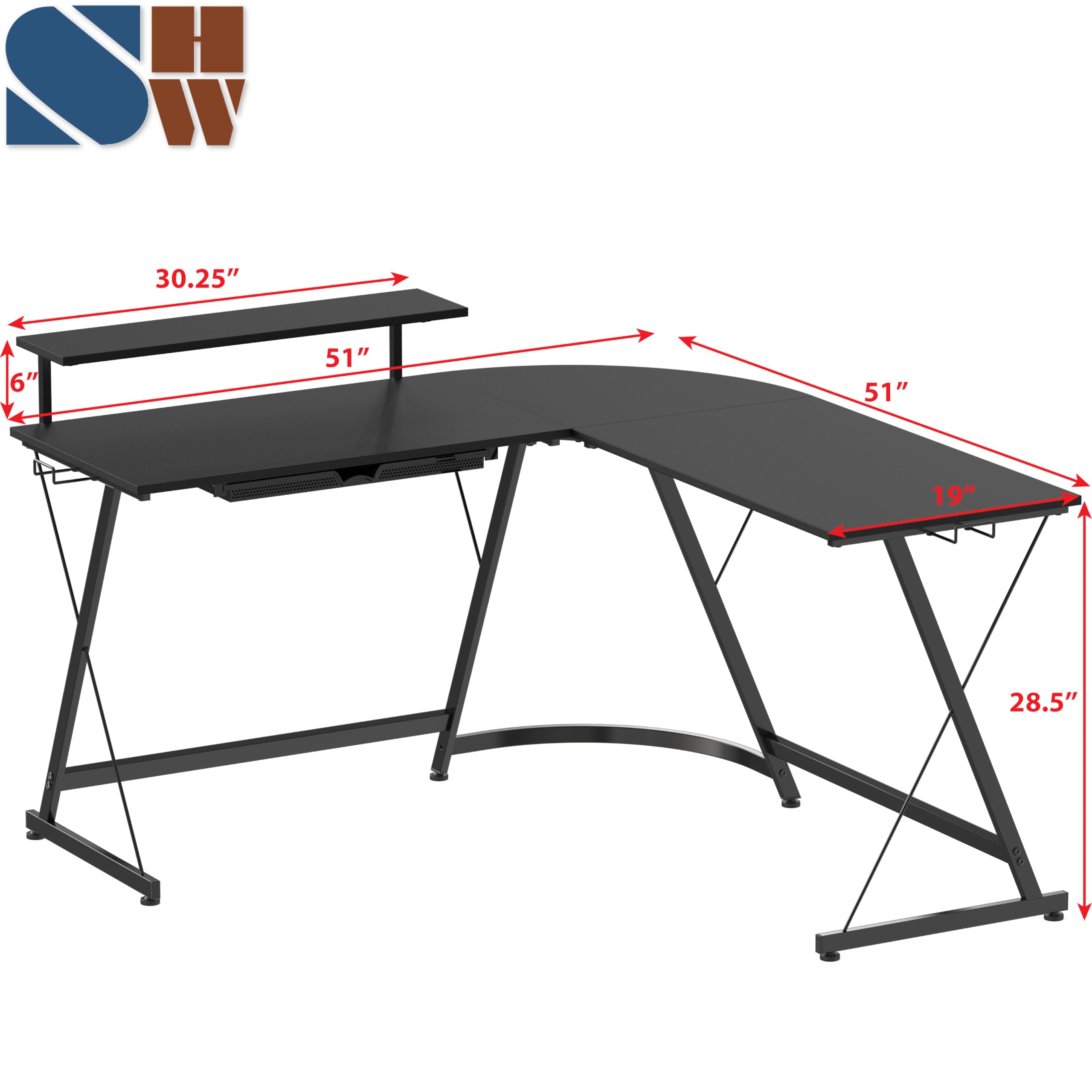 SHW Vista L-Shape Computer Desk with Monitor Stand - Black Home Office Desk for Gaming & Work, Ergonomic Study Desk for Small Spaces, Perfect for PC Setup & Remote Work