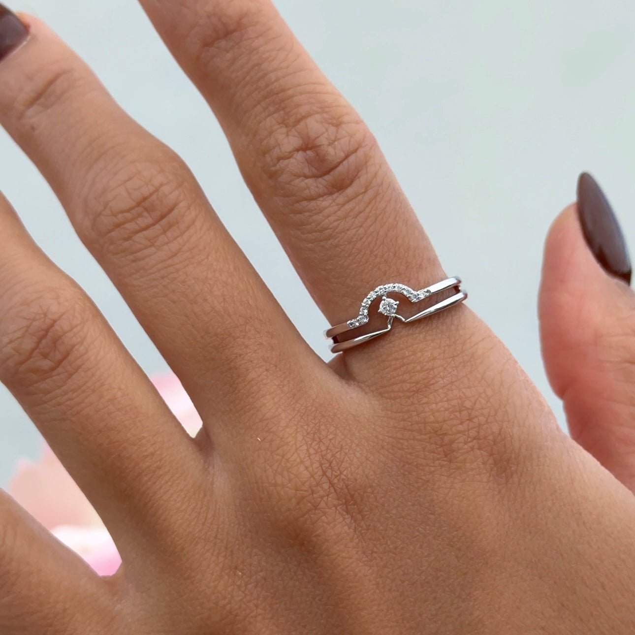 14k White Gold Diamond Curve Double Layer Band Ring for Women - Elegant Stackable Wedding Band, Anniversary Gift, or Everyday Jewelry
