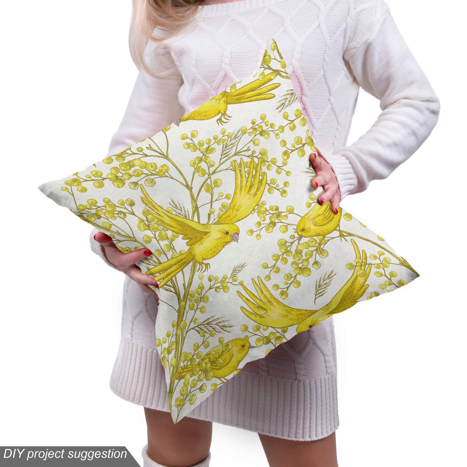 Ambesonne Spring Fabric by The Yard - Romantic Summer Mimosa Flowers & Birds Print | Decorative Upholstery Fabric for Sofa, Curtains & Home Decor | 3 Yards Yellow Earth Yellow | Perfect for DIY Crafts, Pillow Covers & Table Runners