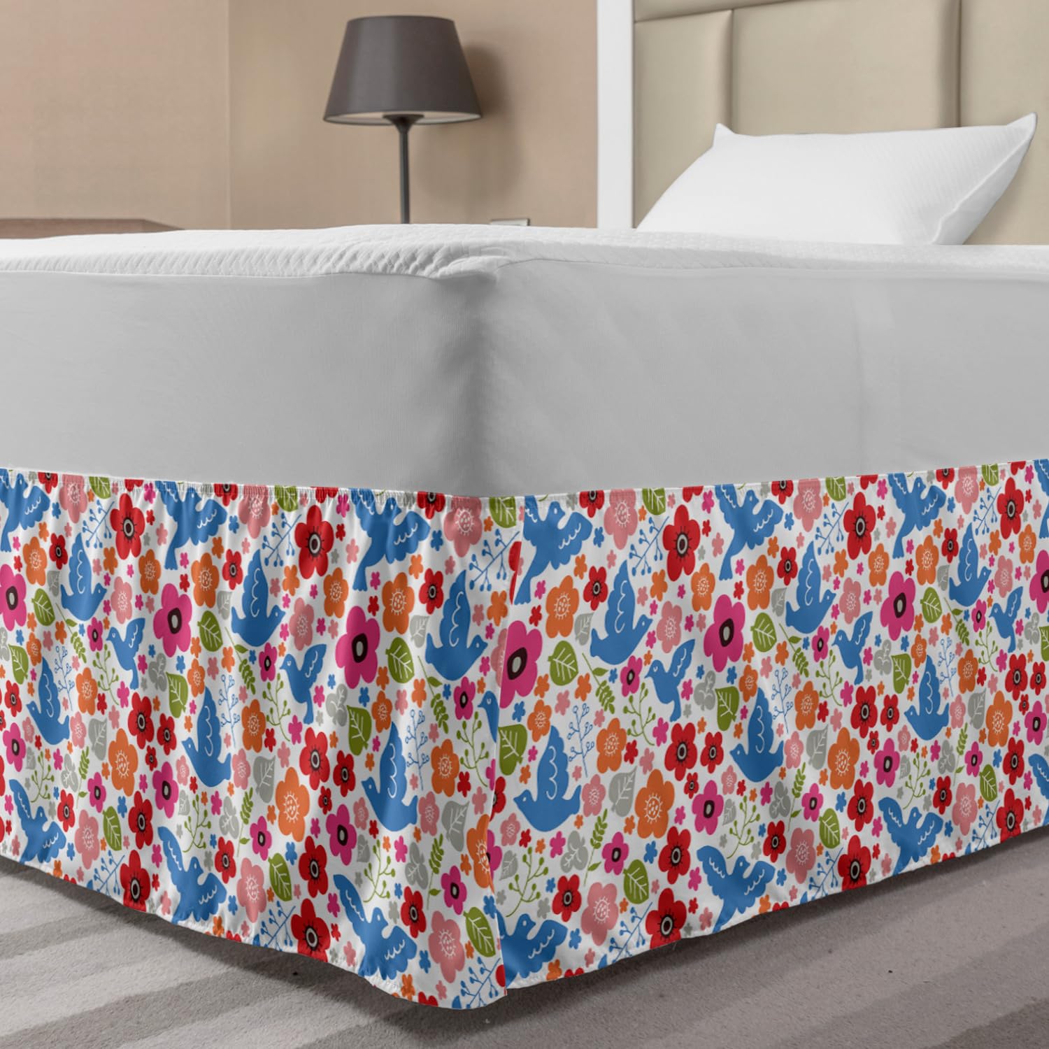 Ambesonne Cartoon Bed Skirt with Floral Bird Leaf Design - Wrap Around Elastic Gathered Bedskirt for Twin/Twin XL Beds - Pastoral Bedroom Decor in Multicolor - Perfect for Kids Rooms, Guest Rooms & Dorm Decorations