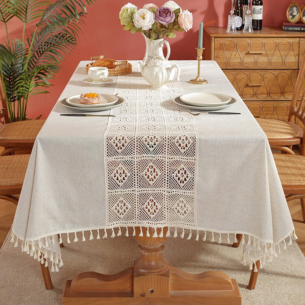 AMZALI Farmhouse Tablecloths - Washable Rectangle Dining Table Cover, Dust-Proof Crochet Patchwork Tablecloth for Kitchen, Wedding, Party & Banquet - Beige - Perfect for Rustic Decor, Holiday Gatherings & Everyday Dining