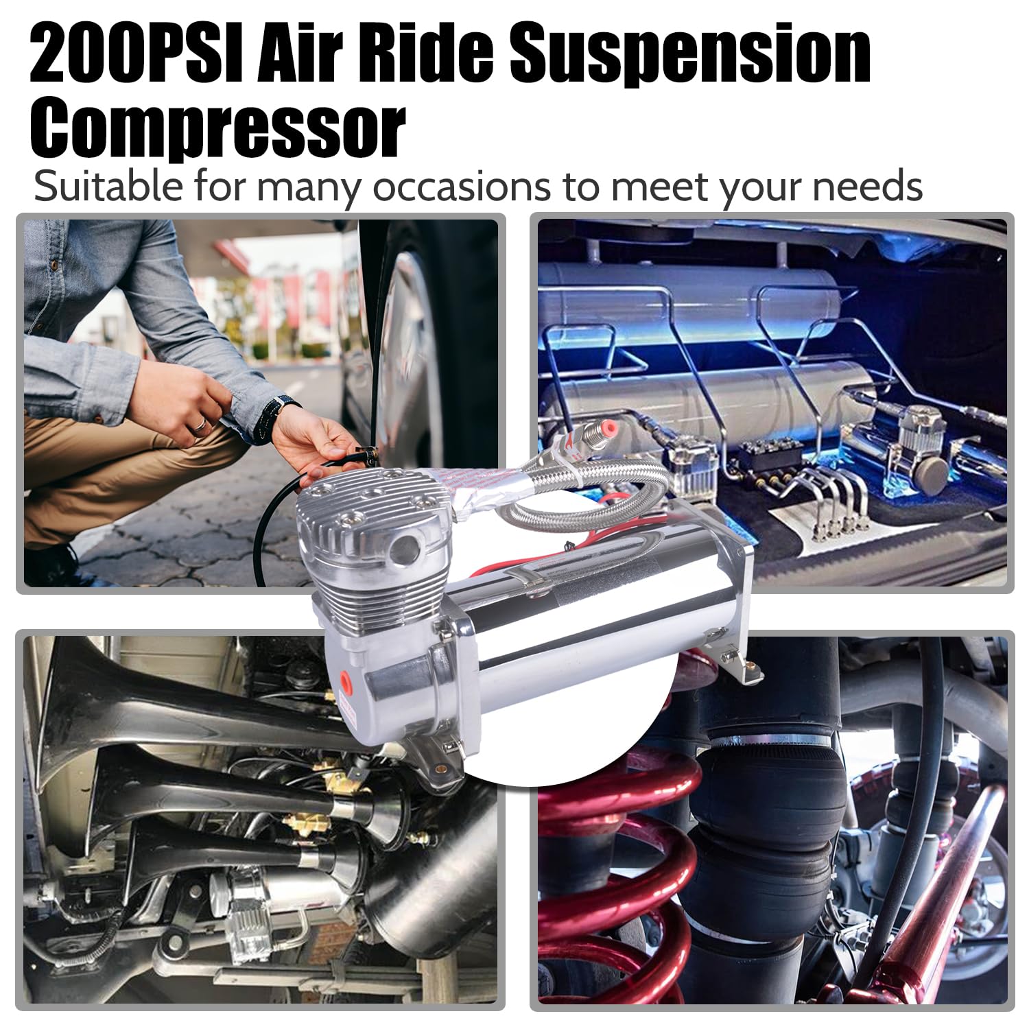 2PCS 200PSI Heavy Duty Air Compressor for Train Horn & Air Ride Suspension - 3/8 NPT 12V Silver - Perfect for Trucks, Cars & Motorcycles (Great for Off-Roading & Emergency Signaling)