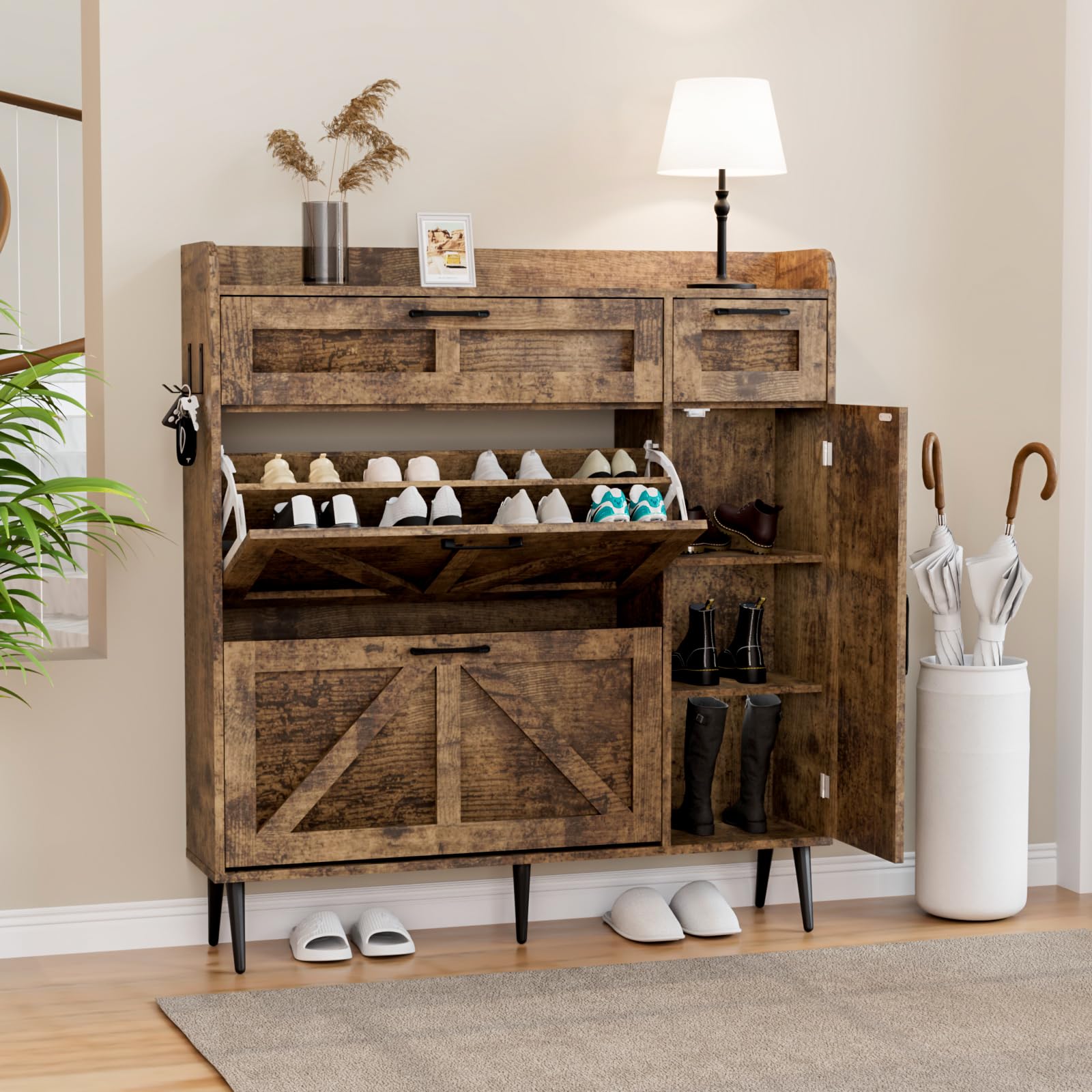 Farmhouse Shoe Storage Cabinet with 2 Flip Drawers & Adjustable Shelf - Rustic Brown Wooden Entryway Organizer with Barn Door & Metal Legs | Perfect for Small Spaces, Hallway, Mudroom & Closet Shoe Organization