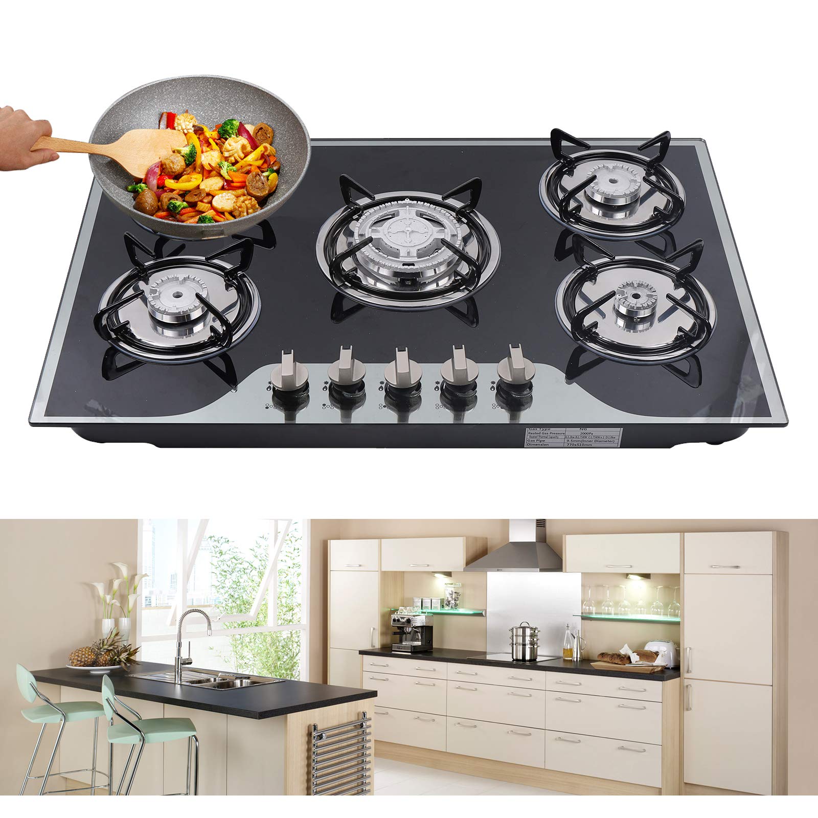 30.3 Inch 5-Burner Built-In Gas Cooktop - LPG/NG Convertible Tempered Glass Stovetop for Modern Kitchens | Perfect for Home Cooking, Entertaining & Professional Chefs