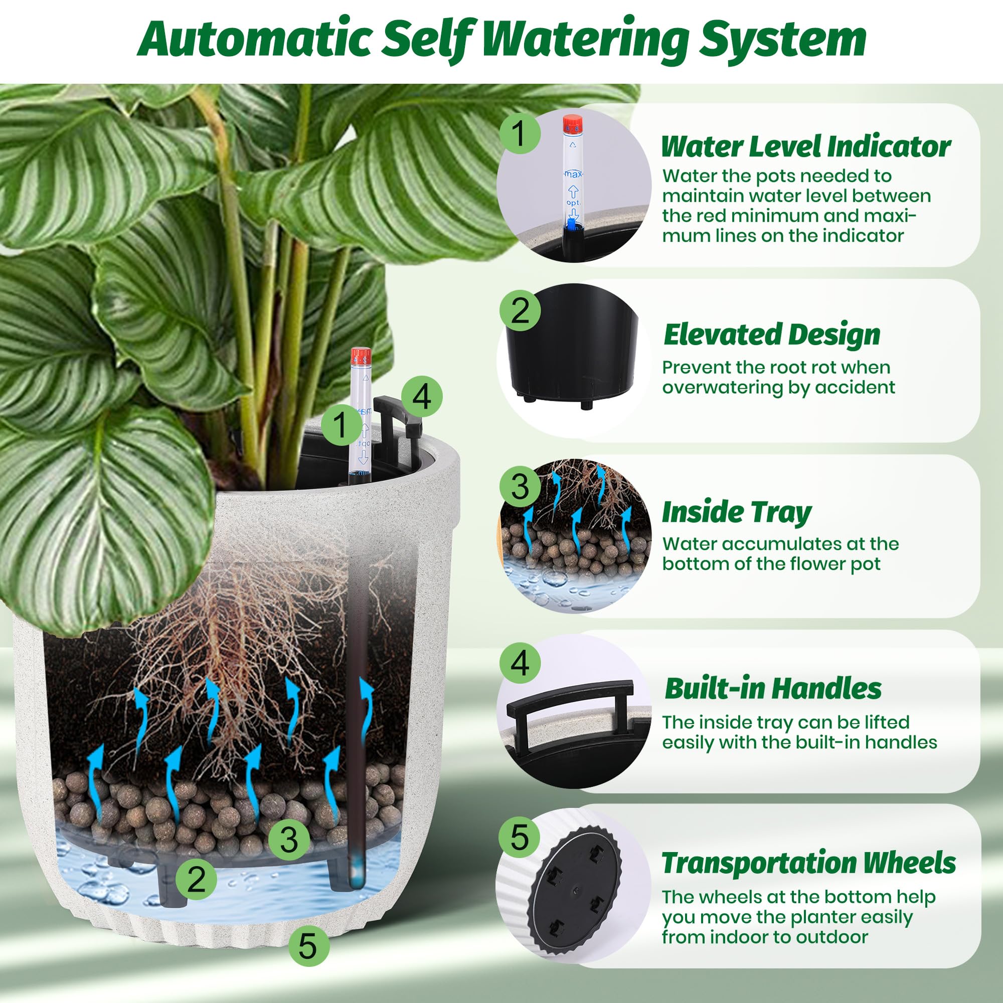 GARVEE 14.5 Inch Self Watering Planters - Set of 2 Modern Flower Pots with Water Level Indicator & Hidden Wheels, Perfect for Indoor Outdoor Decor - Living Room, Bedroom, Office, Patio, Porch, Garden - White
