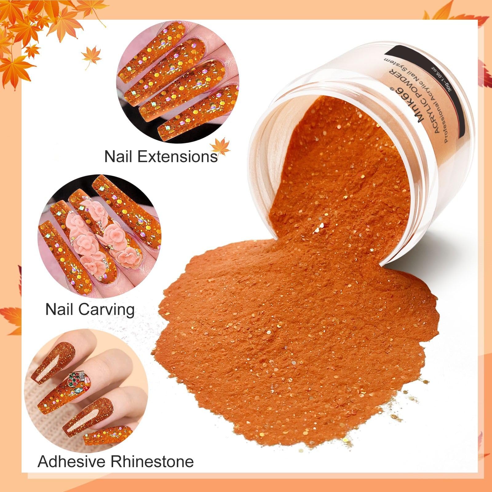 Professional Orange Glitter Acrylic Nail Powder for Nail Extensions & 3D French Nail Art - 30g Halloween Nail Design Kit with Flower Carving Tools, Perfect for Beginners & DIY Manicures | Salon & Home Use, Party & Special Occasion Nails