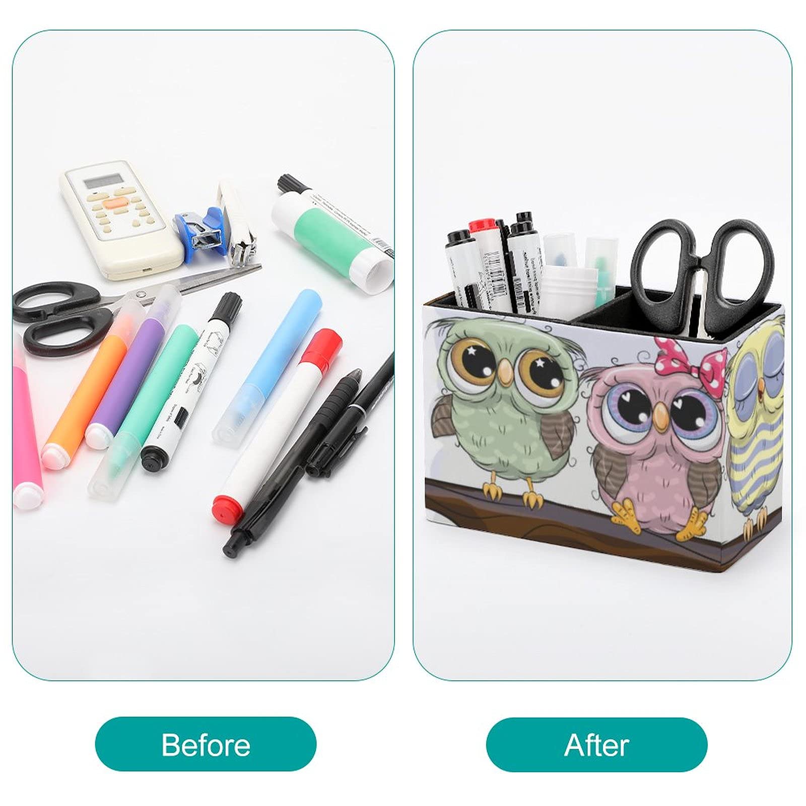 Stylish Leather Pen Holder with 5 Cute Owls on Branch - Desk Organizer for Pens, Brushes & Office Supplies | Perfect for Home, Office & School Workspace Organization