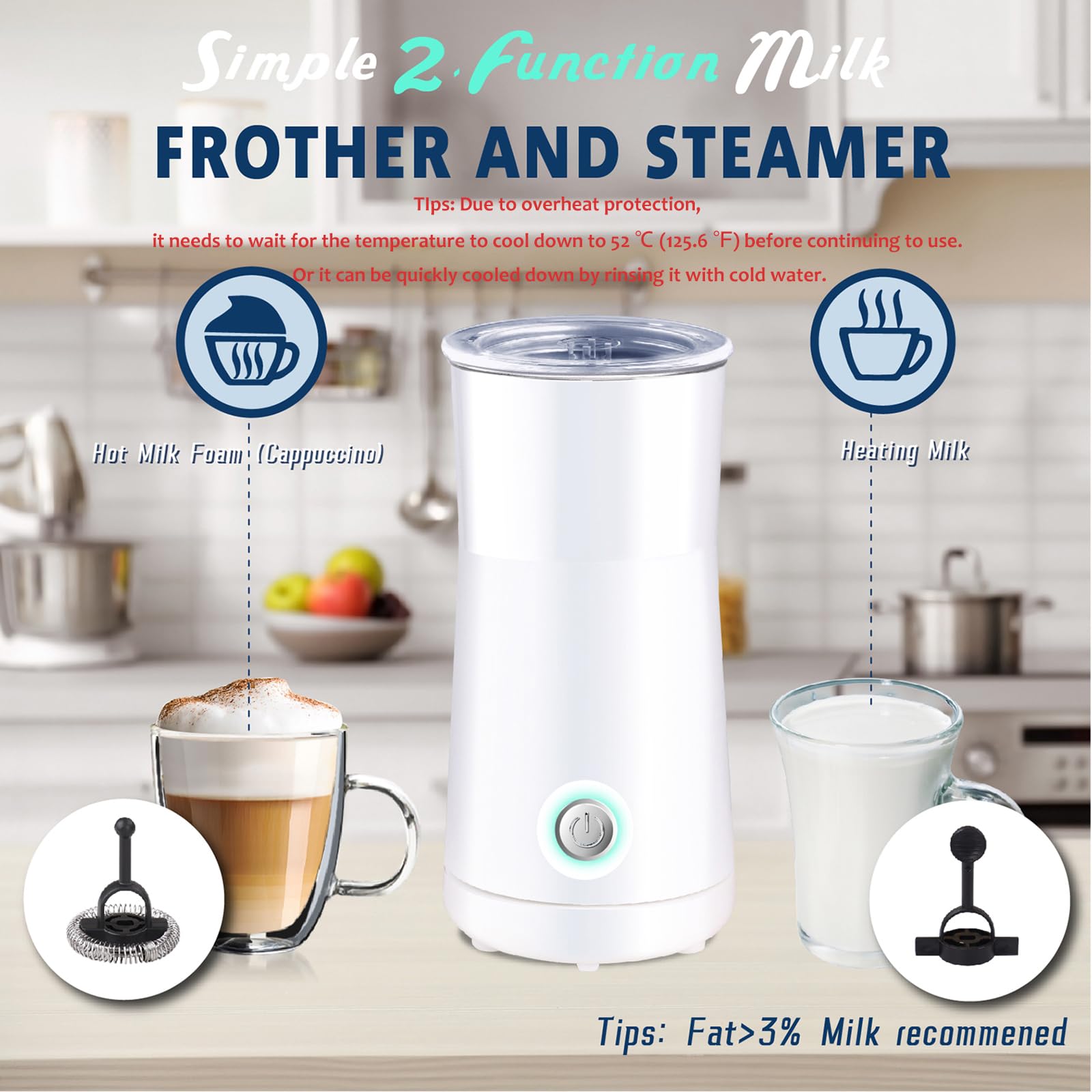 Huogary 2-in-1 Electric Milk Frother and Steamer - Hot Milk Foam Maker for Latte, Cappuccino & Macchiato - Perfect for Coffee Shops, Home Baristas & Office Use (White)