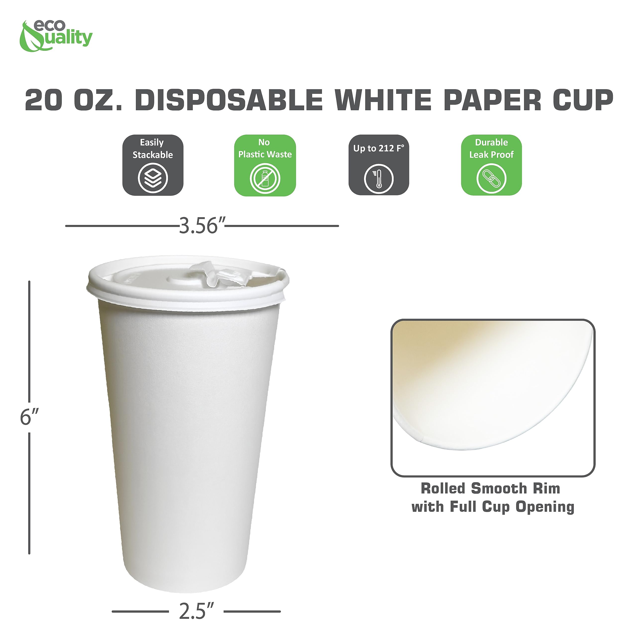 EcoQuality 20oz Disposable Paper Cups & Flat Lids (500 Cups + 500 Lids) - Durable Hot/Cold Drink Containers for Coffee, Tea, Cocoa - Perfect for Travel, Office, Cafes & Outdoor Events