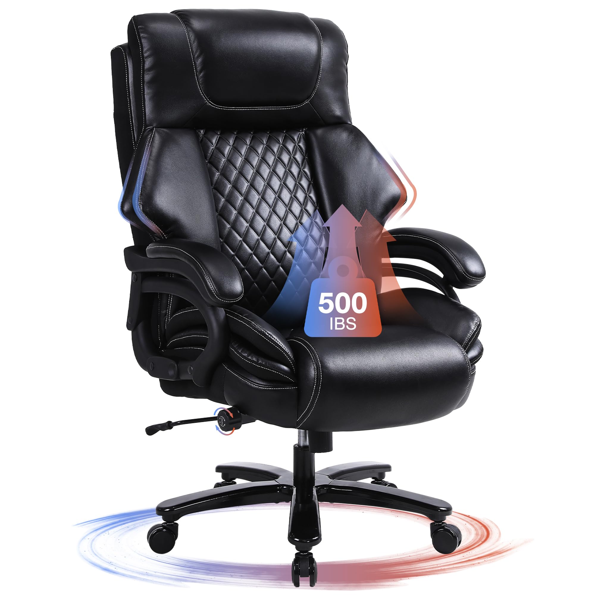 Big and Tall Office Chair for Heavy People Up to 500lbs - Heavy Duty Leather Executive Chair with Adjustable Lumbar Support & Quiet Rubber Wheels - Perfect for Home Office, Gaming, and Long Work Sessions