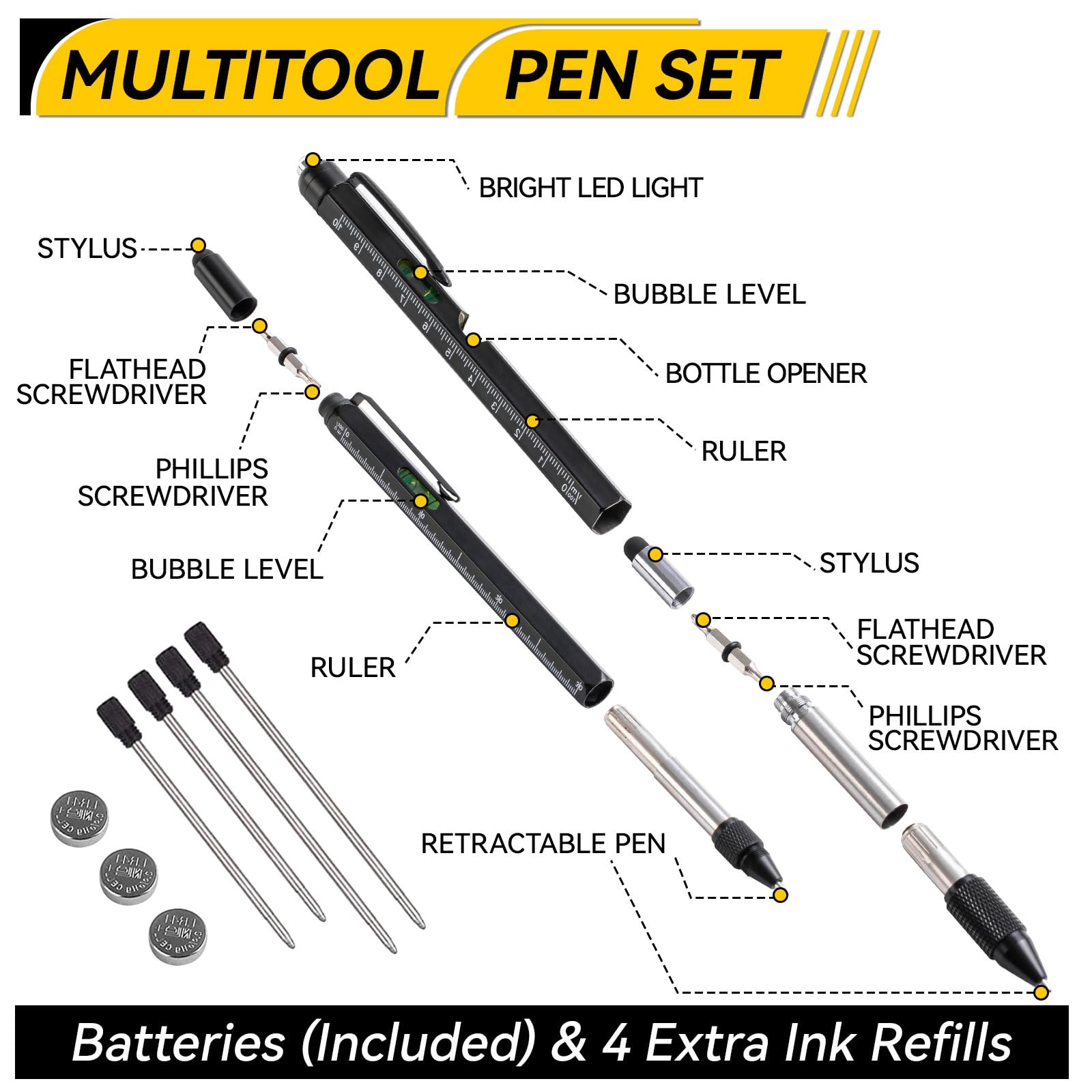 11-in-1 Multitool Pen Set with LED Light, Screwdrivers, Level & Ruler - Perfect Gift for Men, Husband, Dad | Office, Camping, DIY & Everyday Carry Essentials