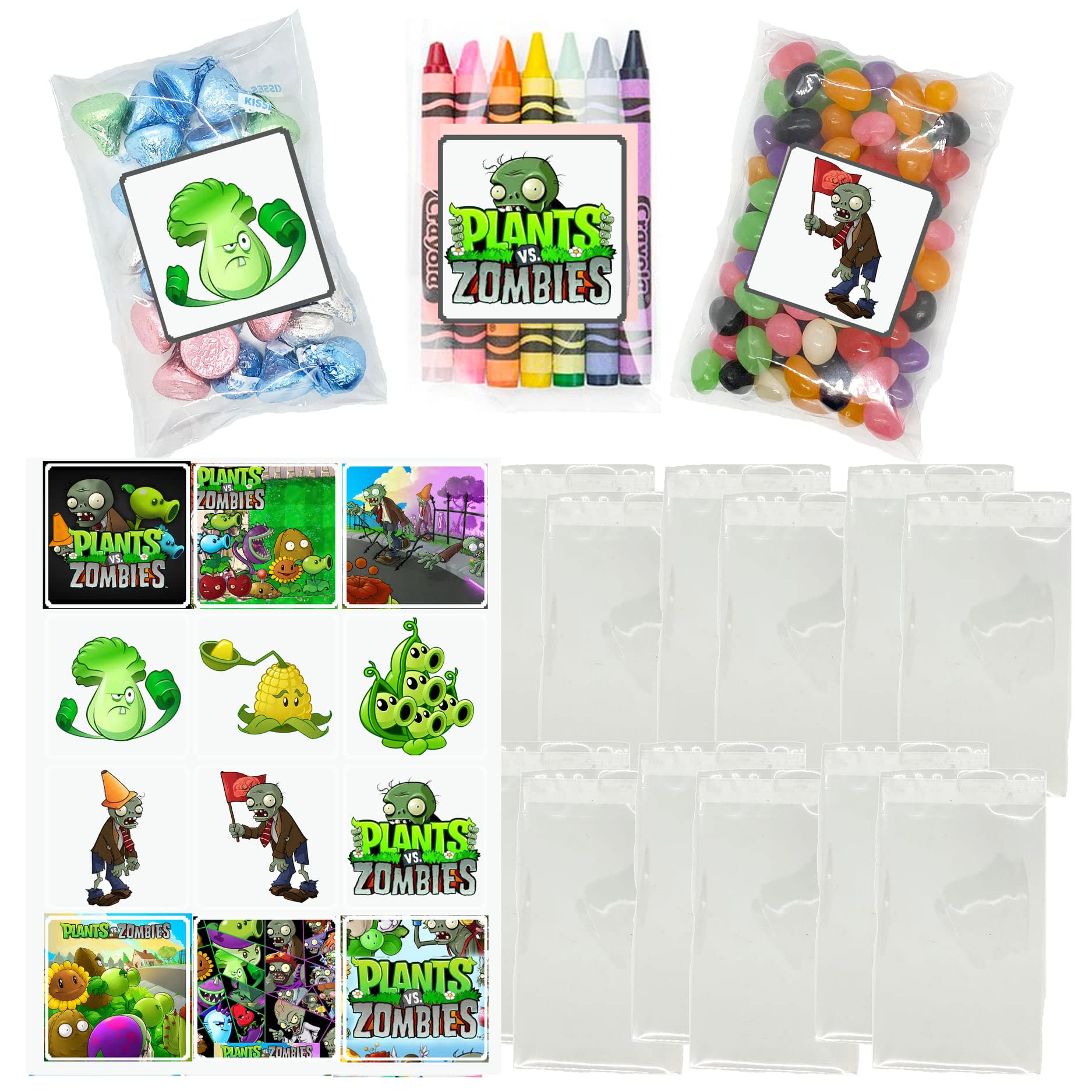 Plants vs. Zombies DIY Party Favor Bags - 12 Pack Clear Cello Treat Bags with 2.5'' Square Stickers - Perfect for Birthday Parties, Halloween Goodie Bags & School Events