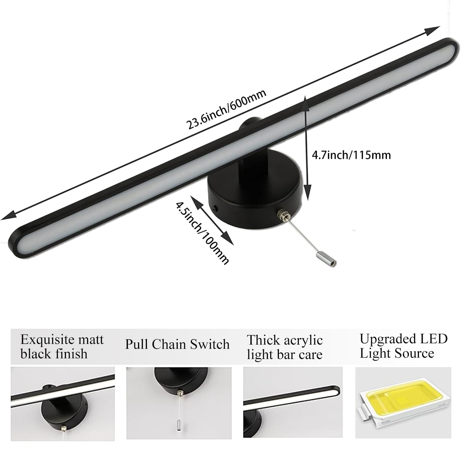 Modern Black 24 Inch LED Vanity Light Bar - Bathroom Mirror Lighting Fixture with 5000K Daylight & Pull Chain Switch - Perfect for Bathroom Vanity, Dressing Room & Makeup Area Wall Sconces
