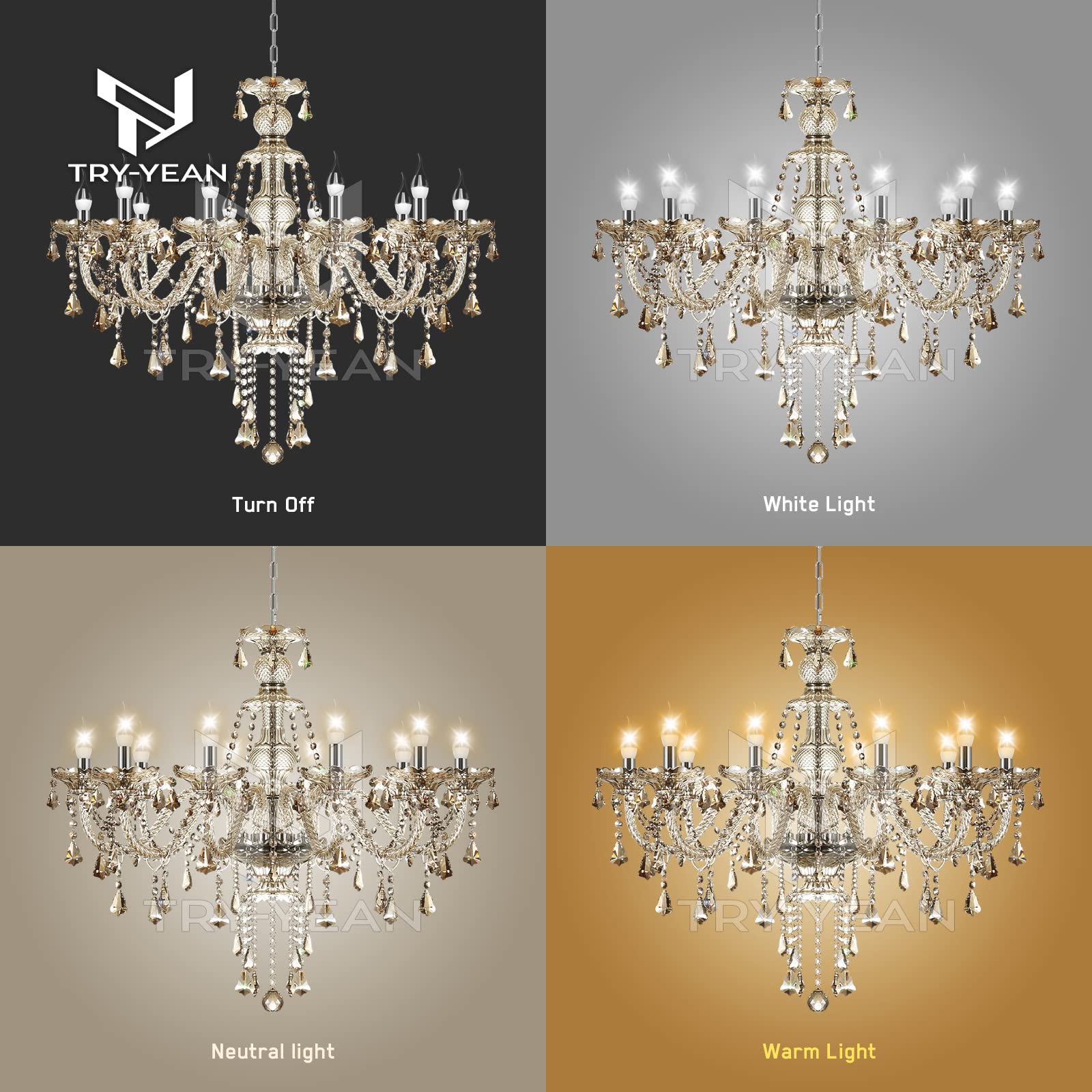 Modern 10-Light Cognac Chandelier with K9 Crystal Glass & Adjustable Chain - Classic Candle Style Ceiling Pendant Light for Bedroom, Dining Room, Hallway (E12 Base) - Perfect for Romantic Dinners, Wedding Decor & Luxury Home Lighting