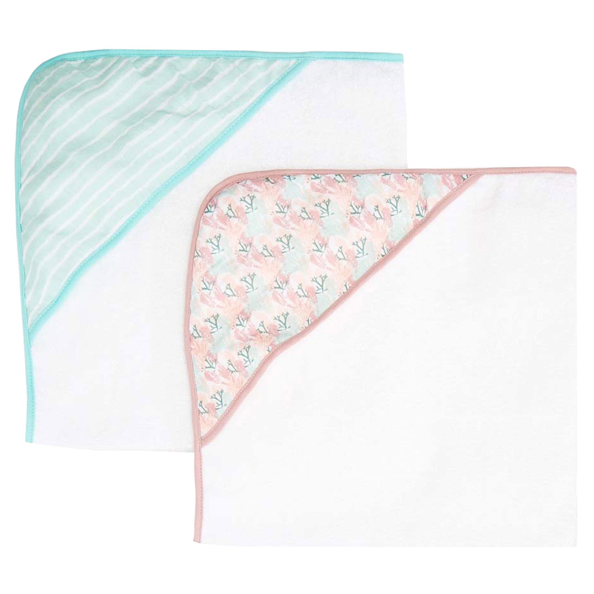 Spasilk Extra Plush Hooded Baby Towel Set - 2 Pack Soft Terry Cloth with Printed Muslin Hood, Pink Coral - Perfect for Bath Time, Swimming & Newborn Gifts
