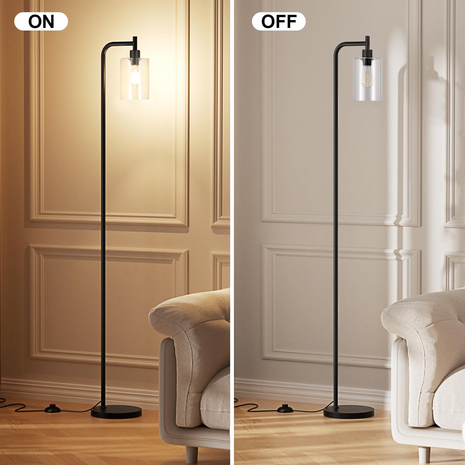 Industrial Floor Lamp with Glass Shade - Black LED Standing Light with Foot Pedal Switch & Easy Assembly | Modern Lighting for Living Room, Office, Reading Nook & Bedroom