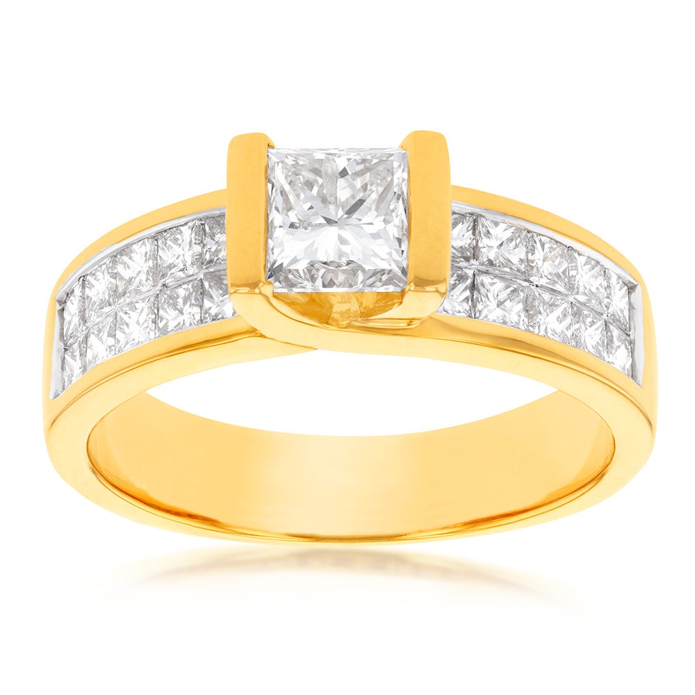 18ct Yellow Gold 'Princess Celia' Diamond Ring - 2 Carats Natural Diamonds, Elegant Engagement & Wedding Jewelry Gift for Her