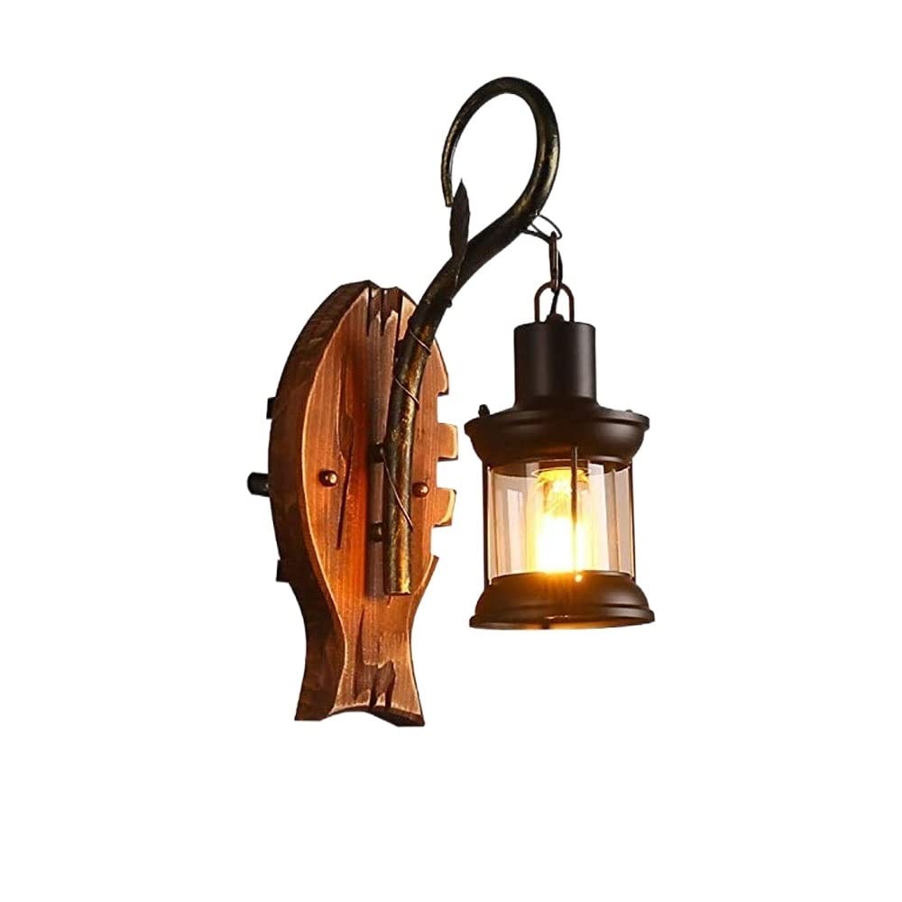 Vintage Wood Wall Sconce Light - Rustic Solid Wood Wall Mounted Lantern with Glass Shade for Living Room, Bedroom, Bar, Cafe & Restaurant Decor - Warm Ambient Reading Light for Cozy Spaces