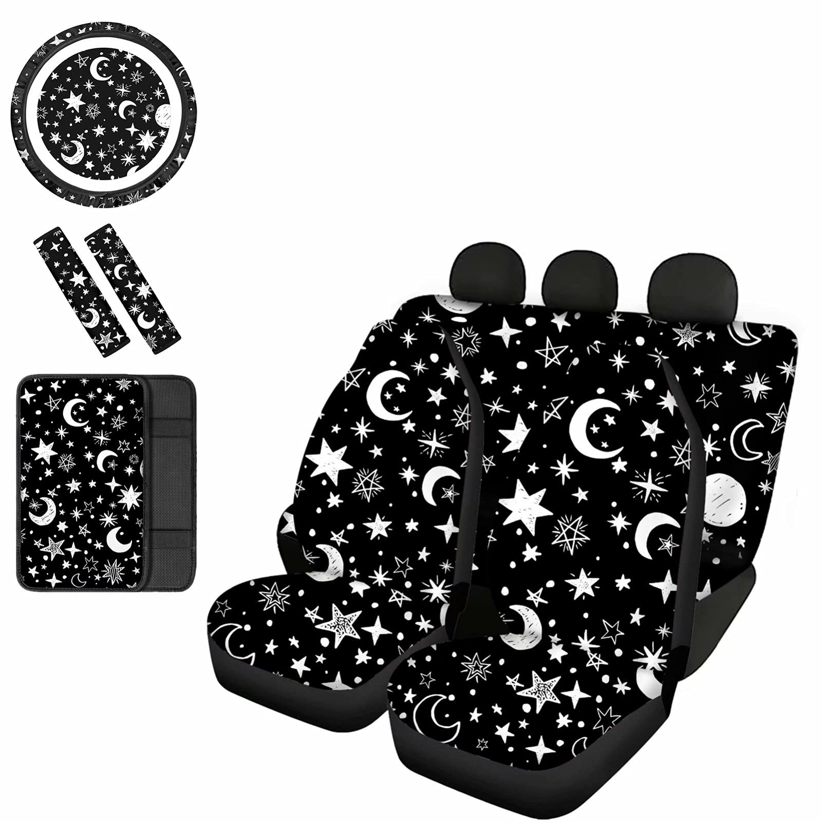 Premium Moon Star Car Seat Cover Full Set with Steering Wheel Protector - 8-Piece Universal Fit for Cars, SUVs & Trucks - Soft Comfort & Stylish Protection for Men & Women - Perfect for Daily Commute, Road Trips & Family Travel