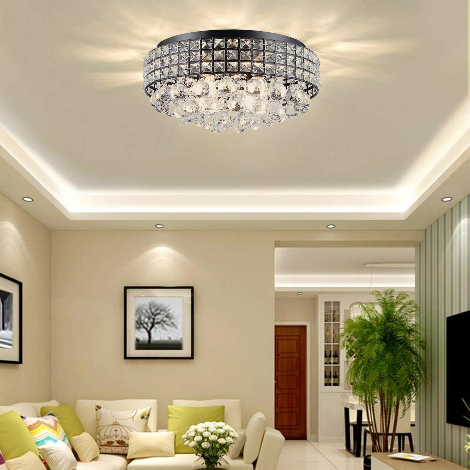 Modern Bronze Crystal Chandelier - 4-Light Flush Mount Ceiling Fixture with Raindrop Crystals - 15.75