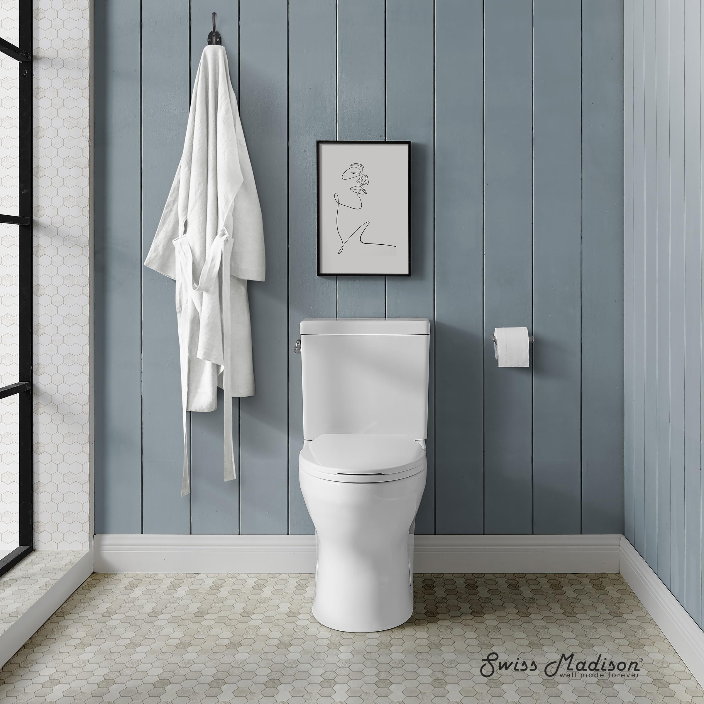 Swiss Madison Well Made Forever Classe Two-Piece Elongated Left Side Flush Handle Toilet 1.28 GPF - Modern Water-Efficient Bathroom Solution for Homes & Commercial Spaces