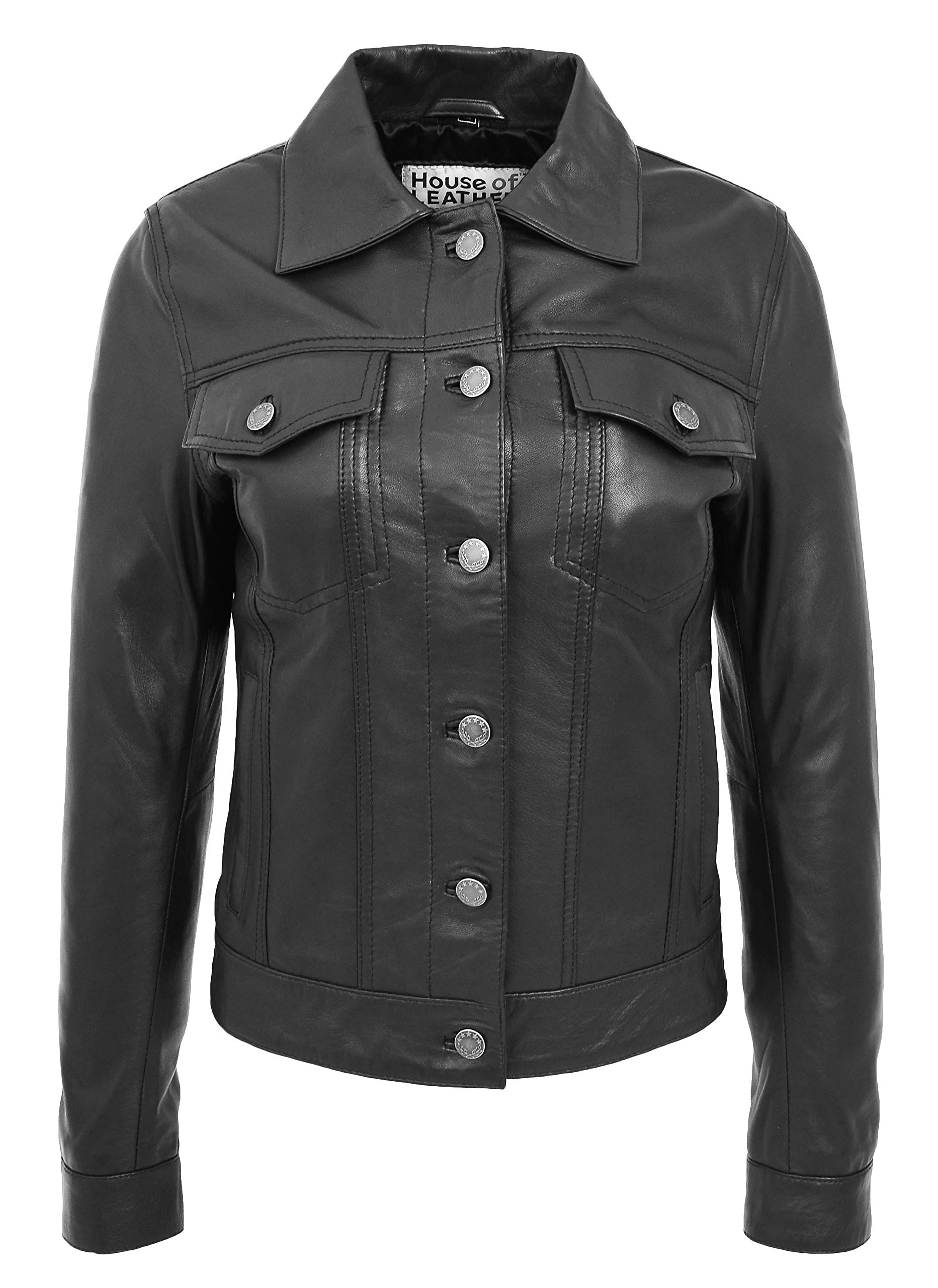 Women's Black Leather Trucker Jacket - Fitted Denim Biker Style Coat for American Girls | Perfect for Motorcycle Riding, Casual Outings & Night Out Fashion
