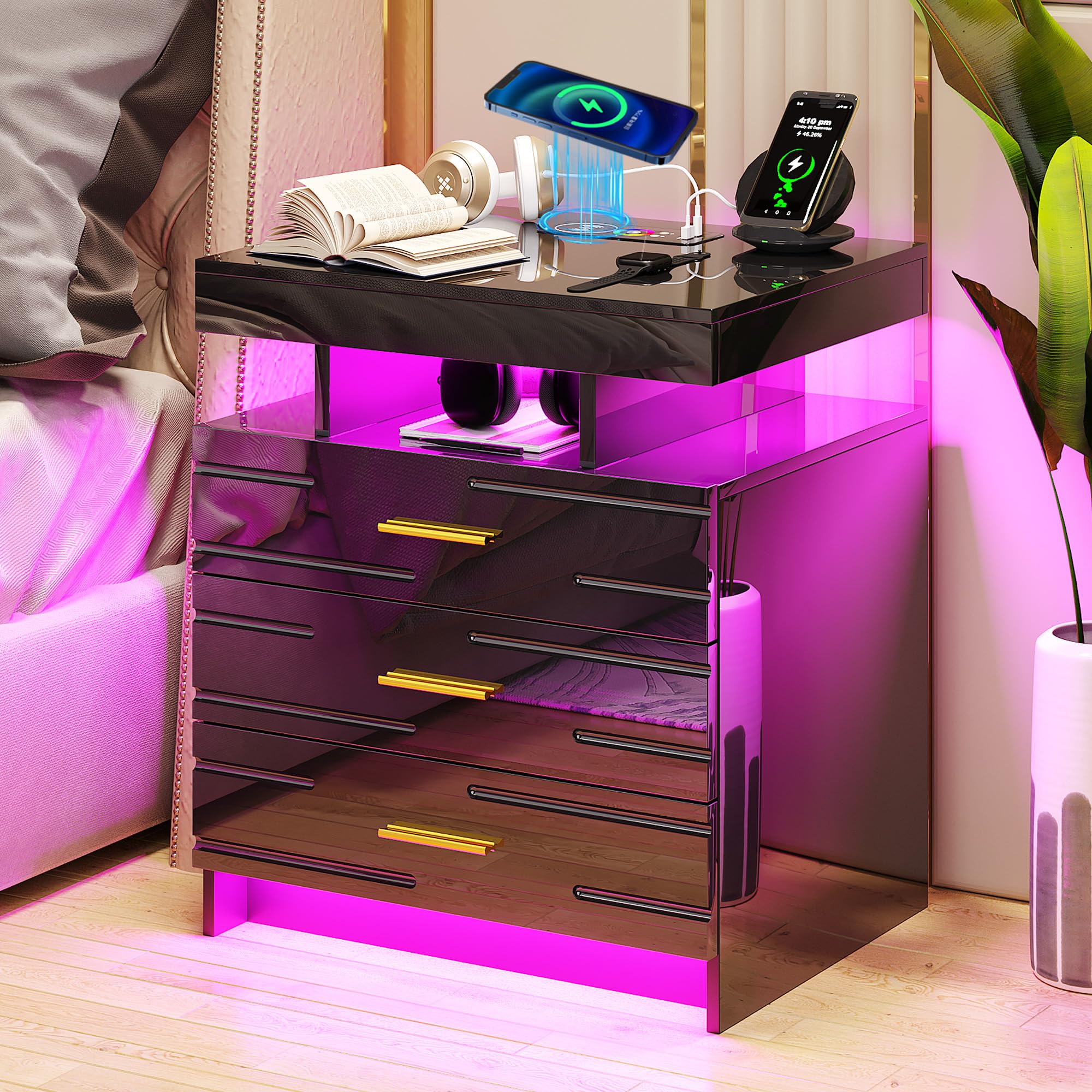 RGB Nightstand with Auto Lights & Wireless Charging - High Gloss Bedside Table with 3 Drawers, Floating LED Nightstand with Adjustable Brightness - Modern Side Table for Bedroom, Living Room & Office (Black)